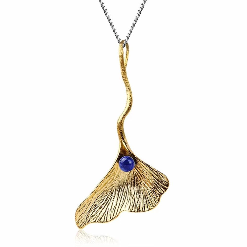 Runde Perlé Kette mit Anhänger Kette mit Ginkgo Blatt Anhänger, 925er Silber, 18K Gold, Edelstein Lapis, Lapislazuli (inkl. Geschenkverpackung)