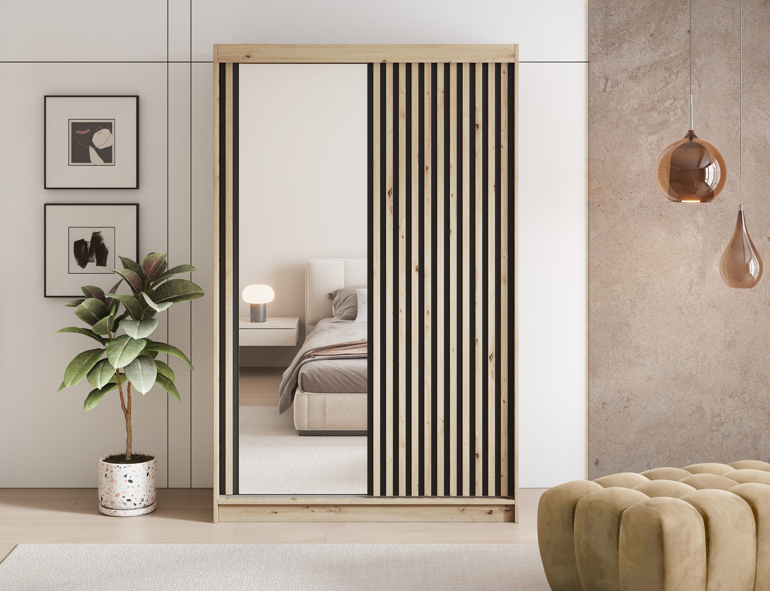 MOEBLO Schiebetürenschrank Giulia (mit Lamellenfront und Spiegel – Funktionaler Stauraum für Ihr Zuhause, Schwebetürenschrank 2-türig Schrank Garderobe Schiebtü – Bild 3 von 5
