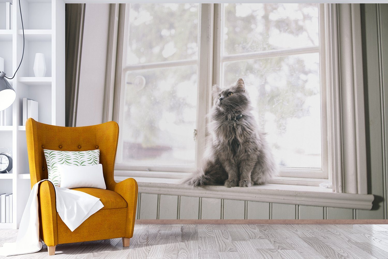 Fototapete Cat sitzt (6 Fensterbank, bedruckt, auf der Coon Matt, Vinyl Kinderzimmer, Maine St), Wallpaper MuchoWow Schlafzimmer, für Tapete Wohnzimmer,