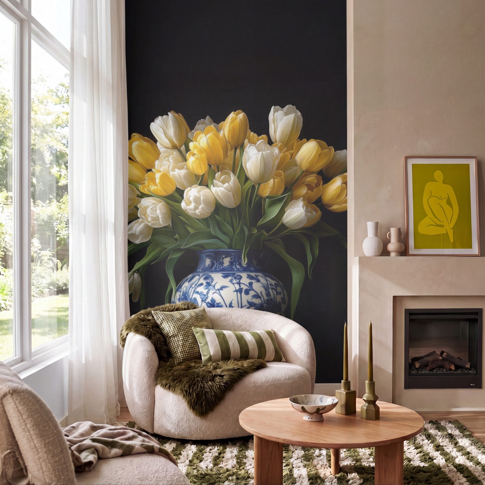 OnlyWow Fototapete Gelb - Tulpen - Vase - Blumen, Matt, bedruckt, Wandtapete, bedruckt, Schlafzimmer 120x200cm