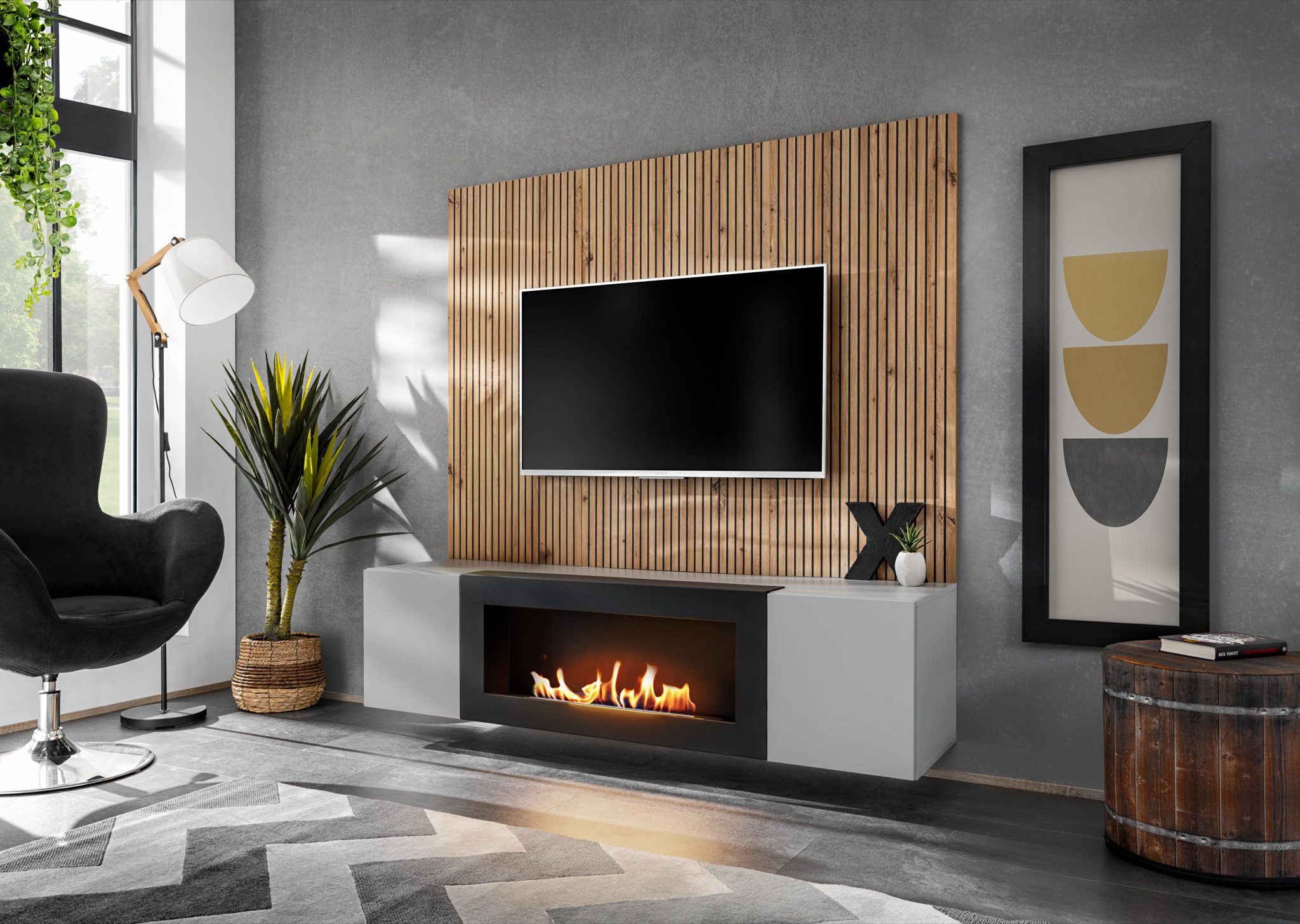 ASM-Moebel Wohnwand Wohnwand XARI II PGAS-K mit Push - Click und Bio-Ethanol Kamin, Mit Bio-Ethanol Kamin und Push-Click System