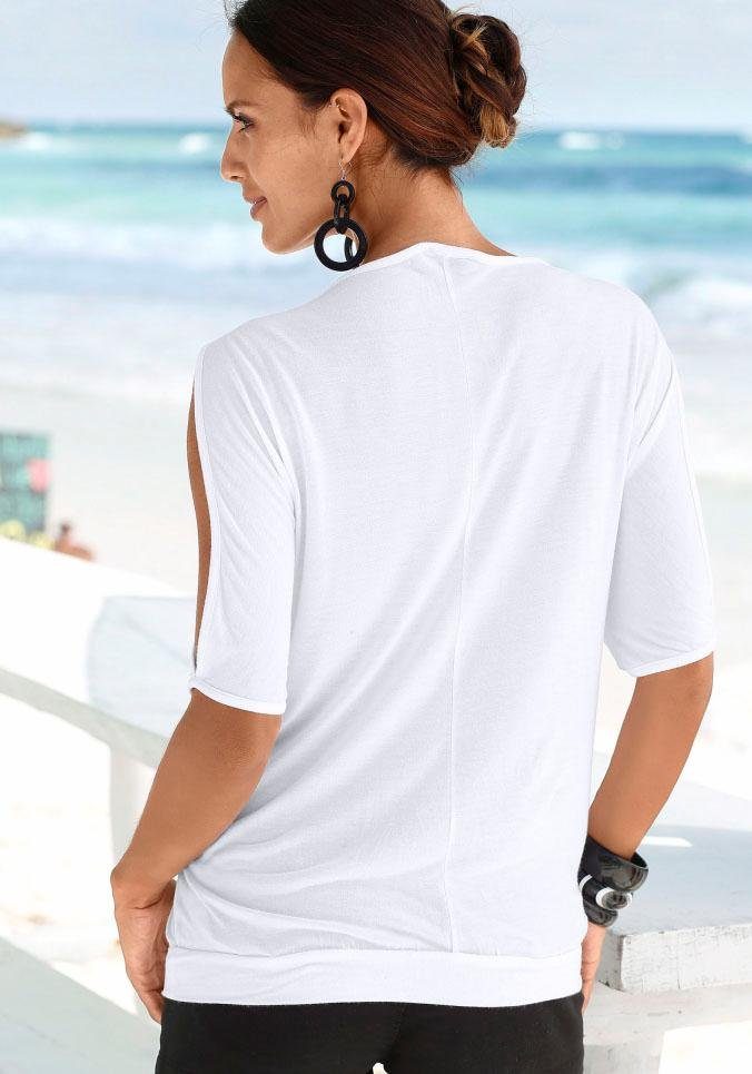 LASCANA Strandshirt mit Schlitzen weiß-bedruckt Ärmeln den an