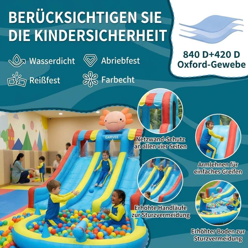 GarveeMore Hüpfburg Mit Wasserrutsche,Hüpfburg Outdoor Hüpfburg Mit Gebläse, Aufblasbare Wasserrutsche mit Kletterwand & Wasserkanonen,für Outdoor
