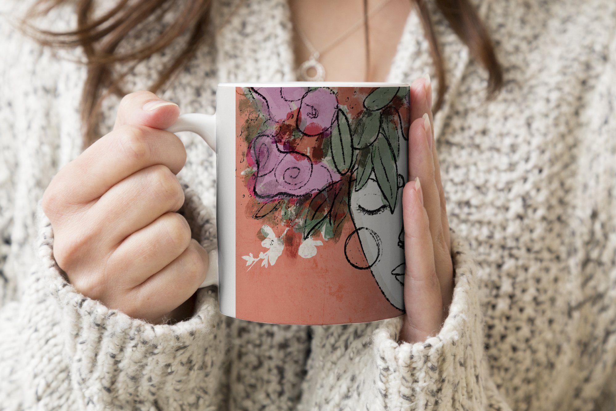 Blumen - Kaffeetassen, Teetasse, Tasse - Frau Becher, - Pastell, Porträt Geschenk MuchoWow Teetasse, Keramik,