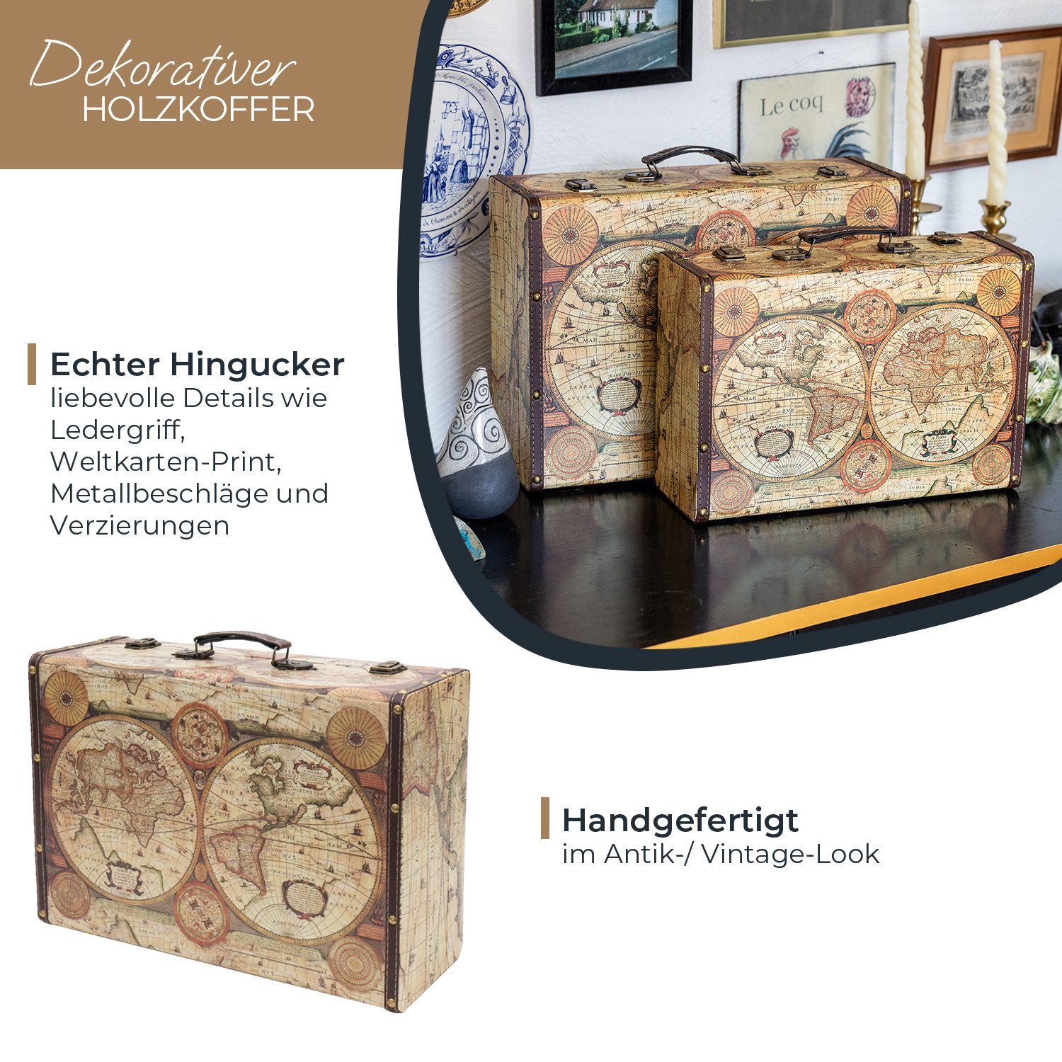 HMF Aufbewahrungsbox Vintage Koffer Holz, Aufbewahrungsbox mit Deckel und Ledergriff als, Geschenkidee für Hochzeit oder Geburtstag, Weltkarte, 44 x 32 x 16 cm – Bild 2 von 5