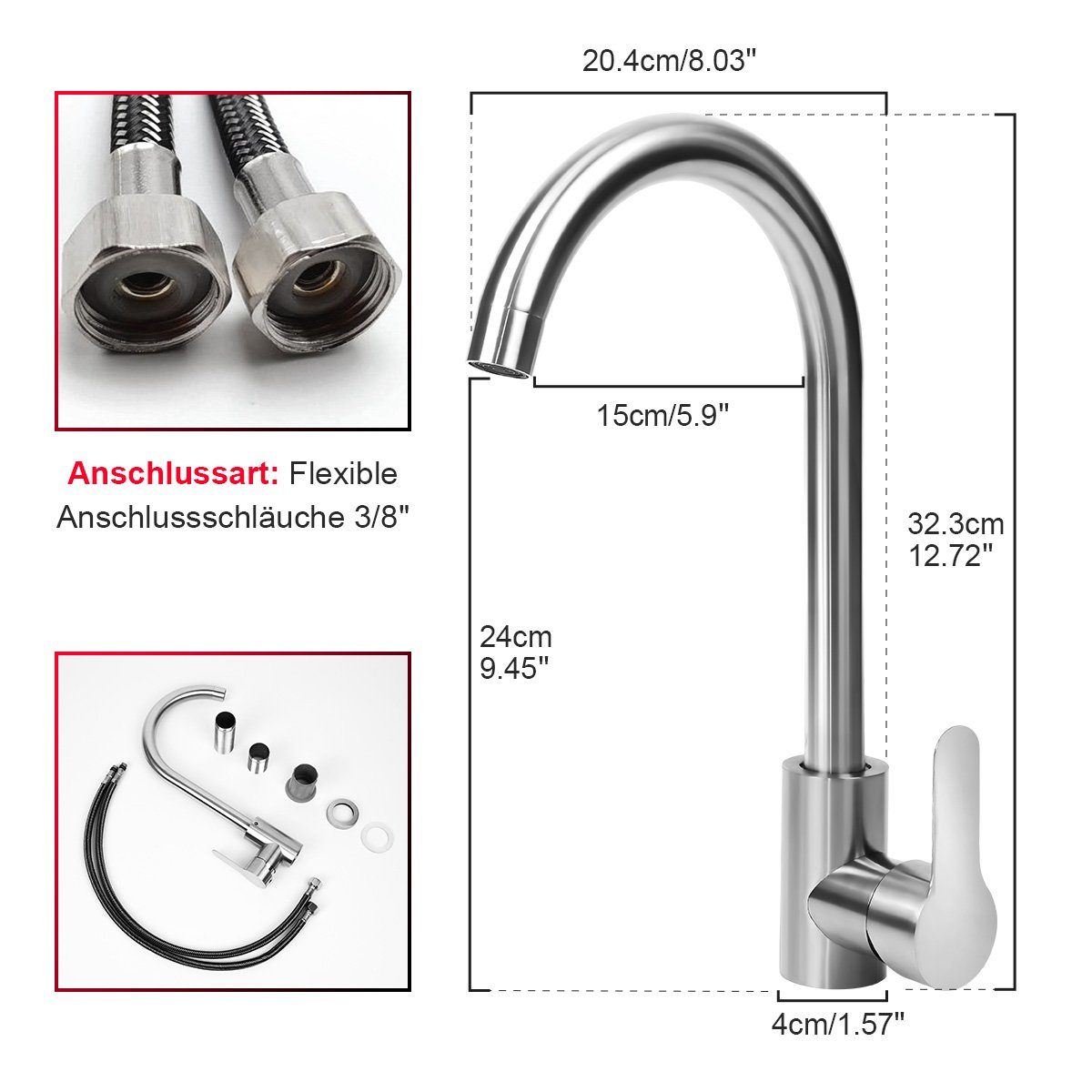 Bürstenverfahren Wasserhahn MULISOFT mit Stile Edelstahl, für und Stahldraht-Wasserleitung Küche, Mischbatterie Kalt, Edelstahl Verfügbare Warm- Waschtischarmatur