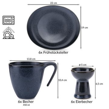 Konsimo Frühstücks-Geschirrset TIME BLACK Frühstücksteller Becher Eierbecher (18-tlg), 6 Personen, Hartporzellan mit reaktiver Glasur., unregelmäßige Form, Spülmaschinengeeignet & Mikrowellenfest