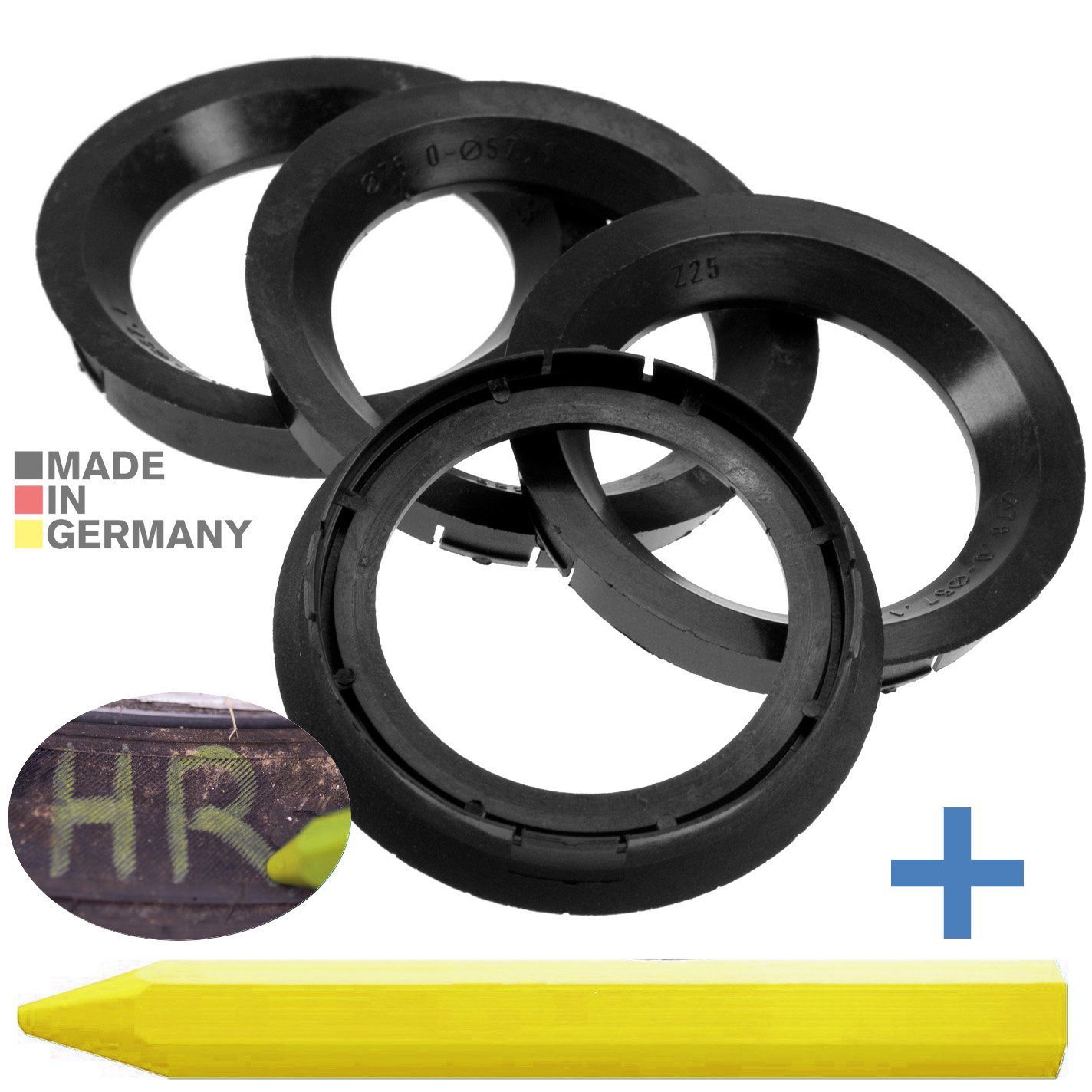 BRANDT AUTOMOTIVE Reifenstift 4X Zentrierringe Schwarz Felgen Ringe + 1x Reifen Kreide Fett Stift, Maße: 76,0 x 57,1 mm