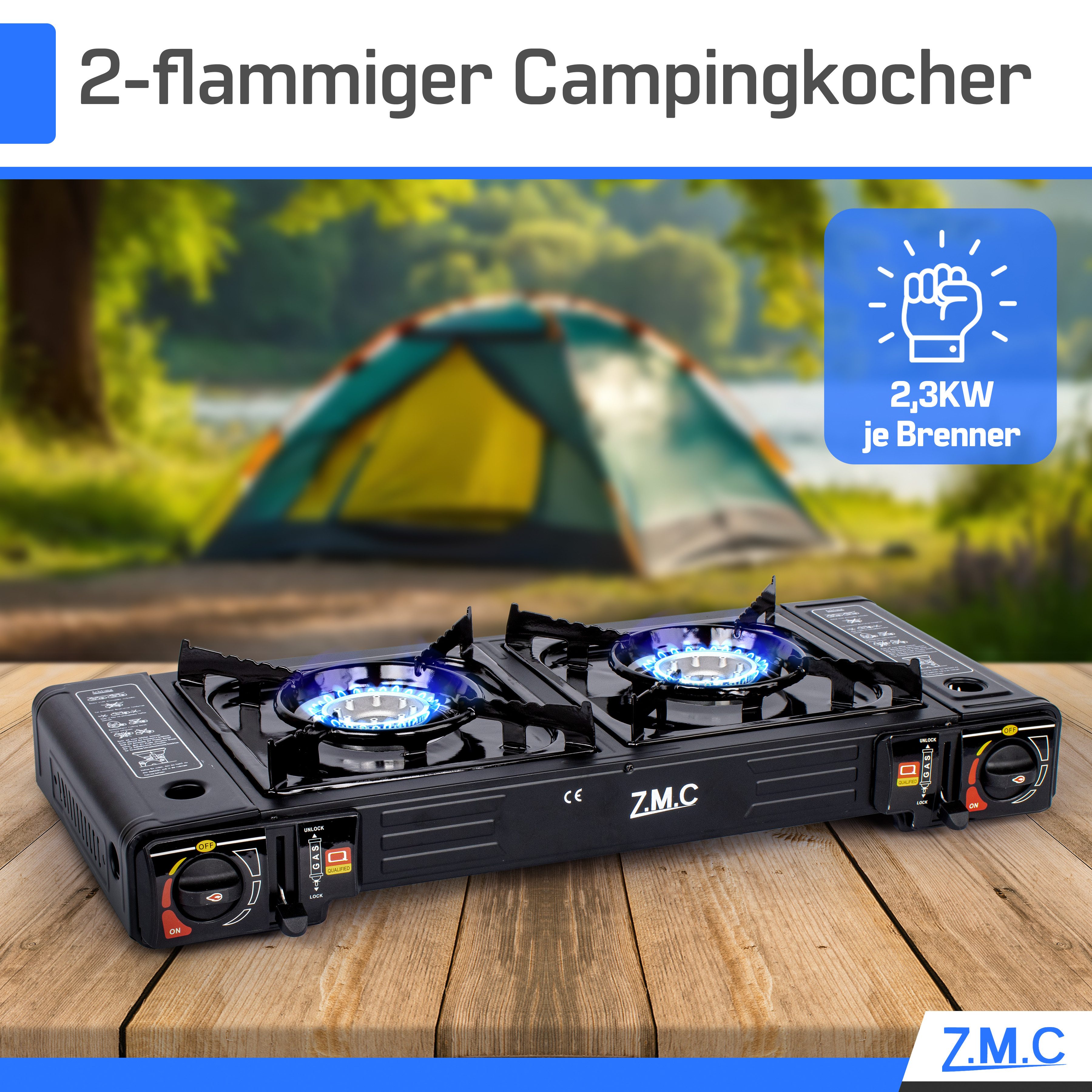 ZMC Gaskocher Doppel Kartuschenkocher 2 flammig Geeignet für Camping Outdoor,Wandern, (automatische Piezo-Zündung Wärmeleistung: 2,3KW, Automatische Piezo-Zündung, Piezo-Zündung), Gaskocher Campingkocher Herd Gasherd Ofen Butan Gas Kochfeld Indoor