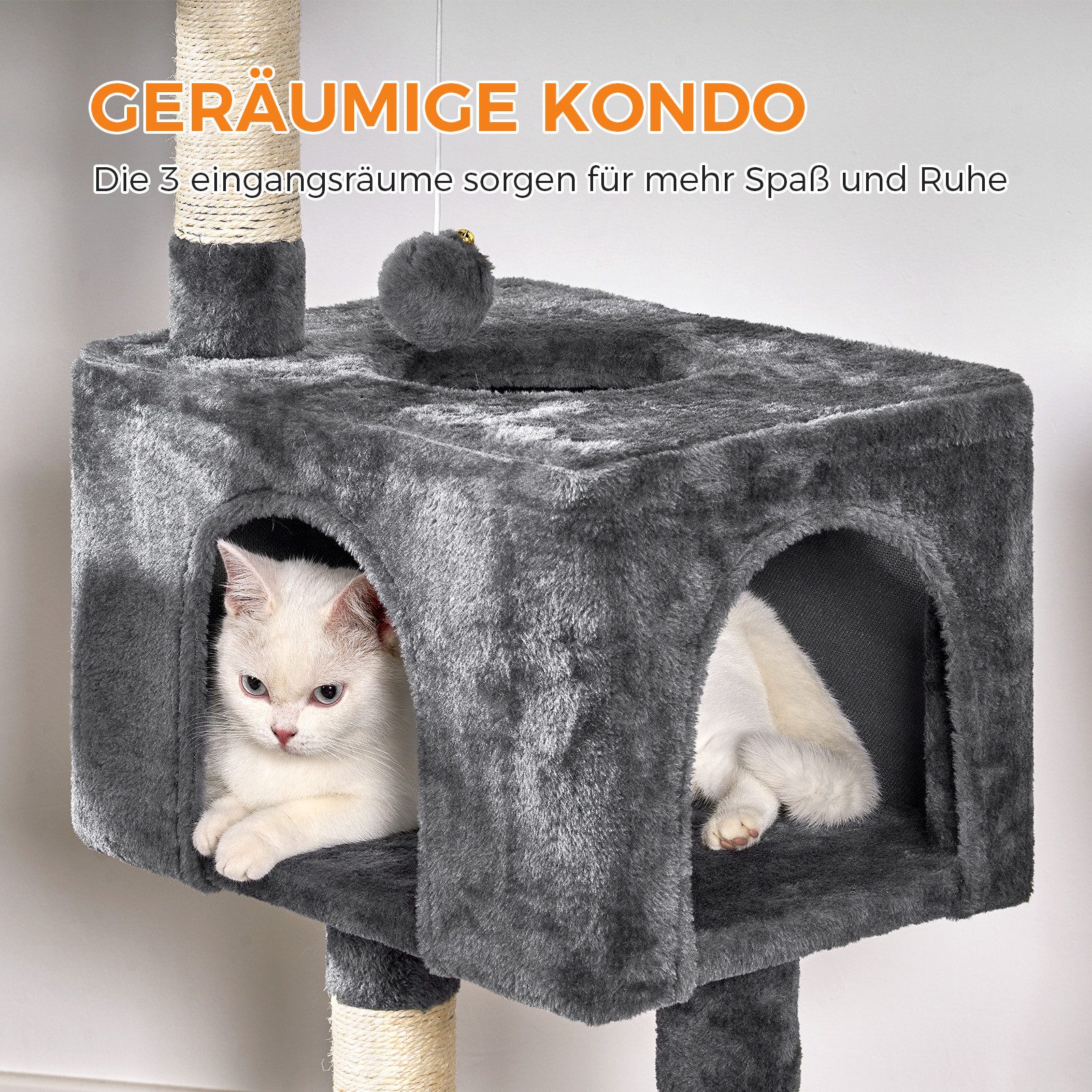 Dogat Kratzbaum 98cm Kratzbaum, Kompakt, mit Hängematte, mit Aussichtsplattform Katzenhöhle & Kratzstämme Plüschball