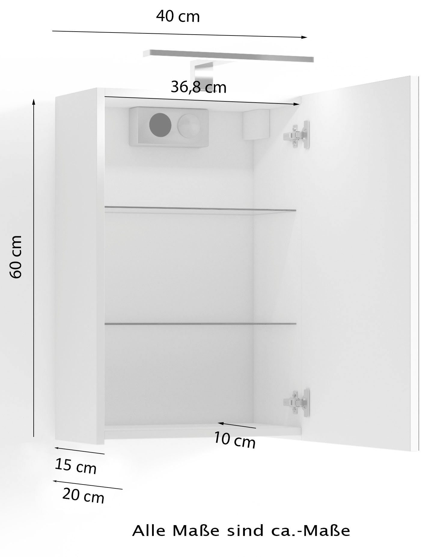 40 Breite Spiegelschrank und byLIVING 1-türig, cm, Spree mit Beleuchtung Schalter-/Steckdosenbox LED