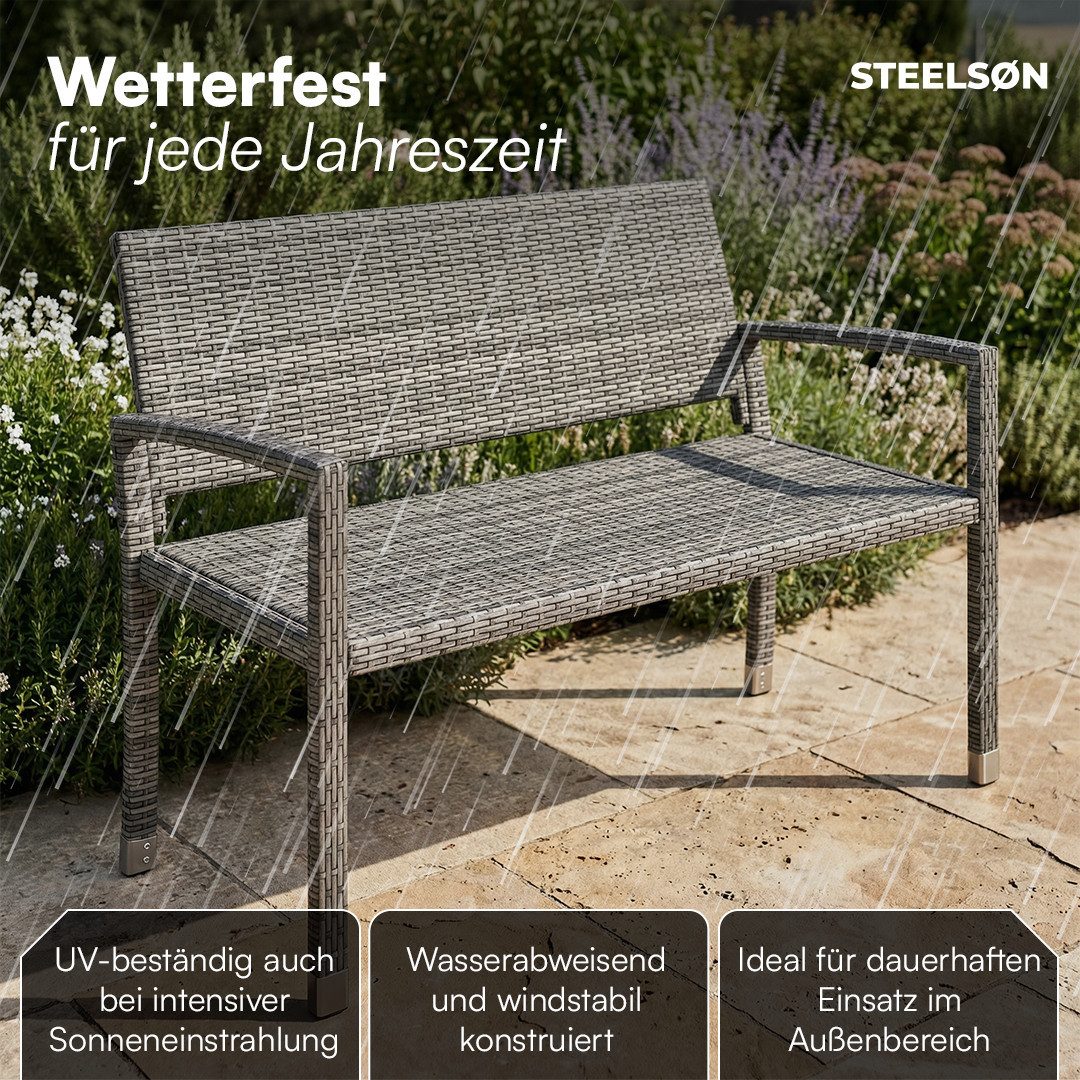 STEELSØN Gartenbank Mirador handgeflochtene Polyrattan Bank (2-Sitzer, grau), wetterfest & UV-beständig, ergonomische Outdoor-Bank, 120 cm Breite