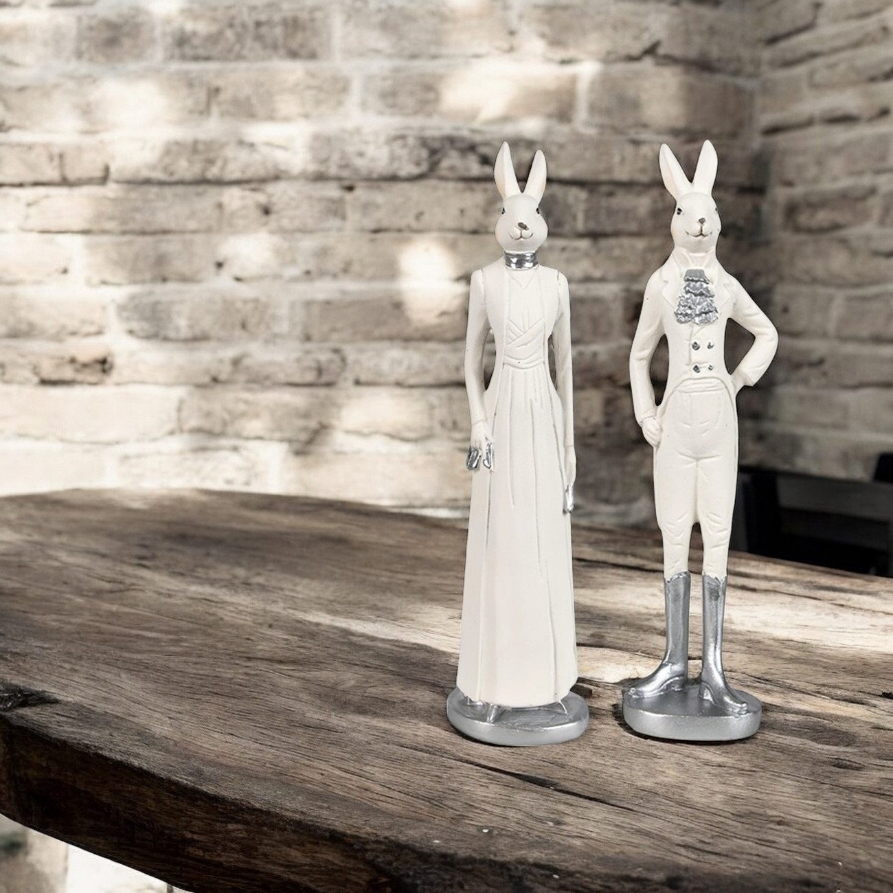 Macosa Home Osterhase Weiß Silber Herr oder Dame Skulptur Oster-Deko Figur günstig online kaufen