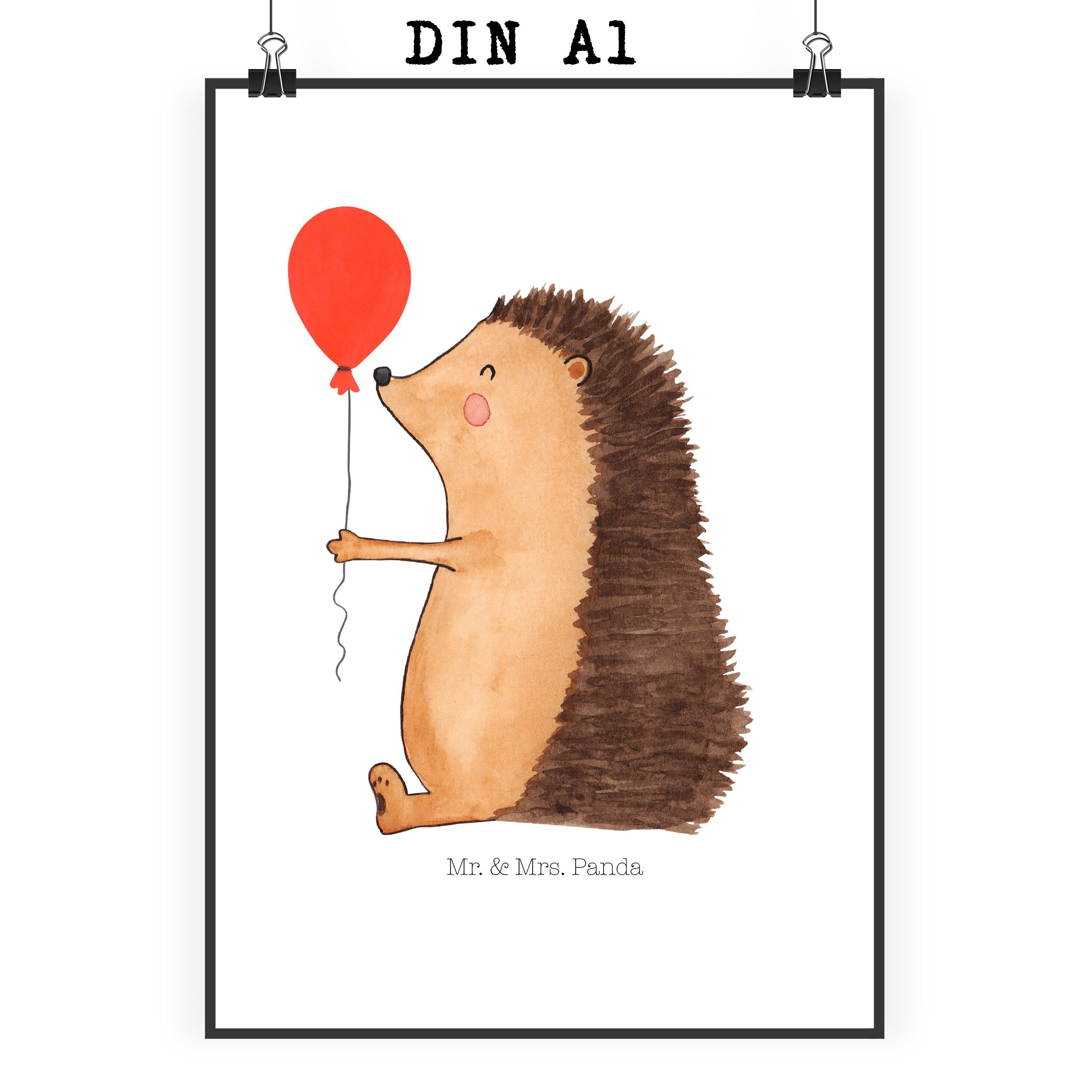 Mr. & Mrs. Panda Poster DIN A1 Igel Luftballon - Weiß - Geschenk, Posterdruck, Happy Birthday, Igel mit Luftballon (1 St), Handgemalte Motive