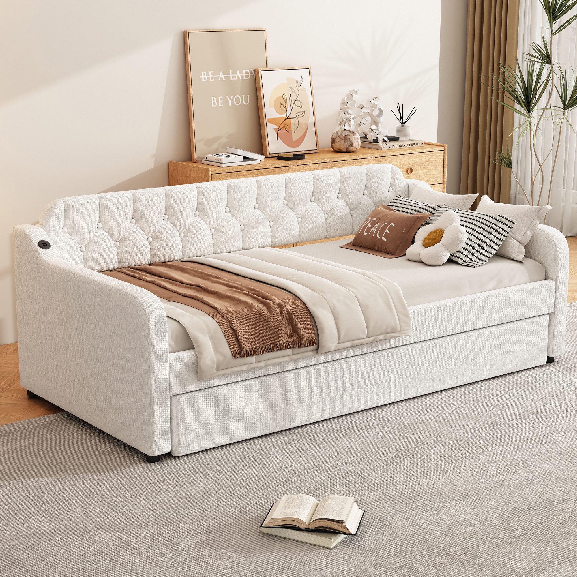Merax Daybett, Tagesbett 90x200cm/180x200cm Schlafsofa mit Unterbett, Leinen