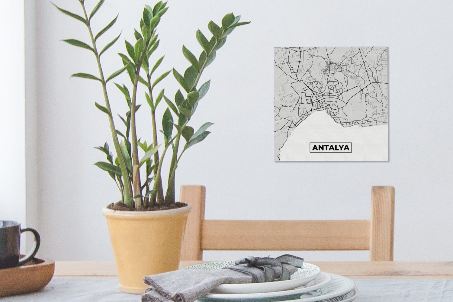 und für Antalya Wohnzimmer Leinwandbild Stadtplan (1 - - Karte, Bilder Schwarz Leinwand OneMillionCanvasses® weiß Schlafzimmer - St),