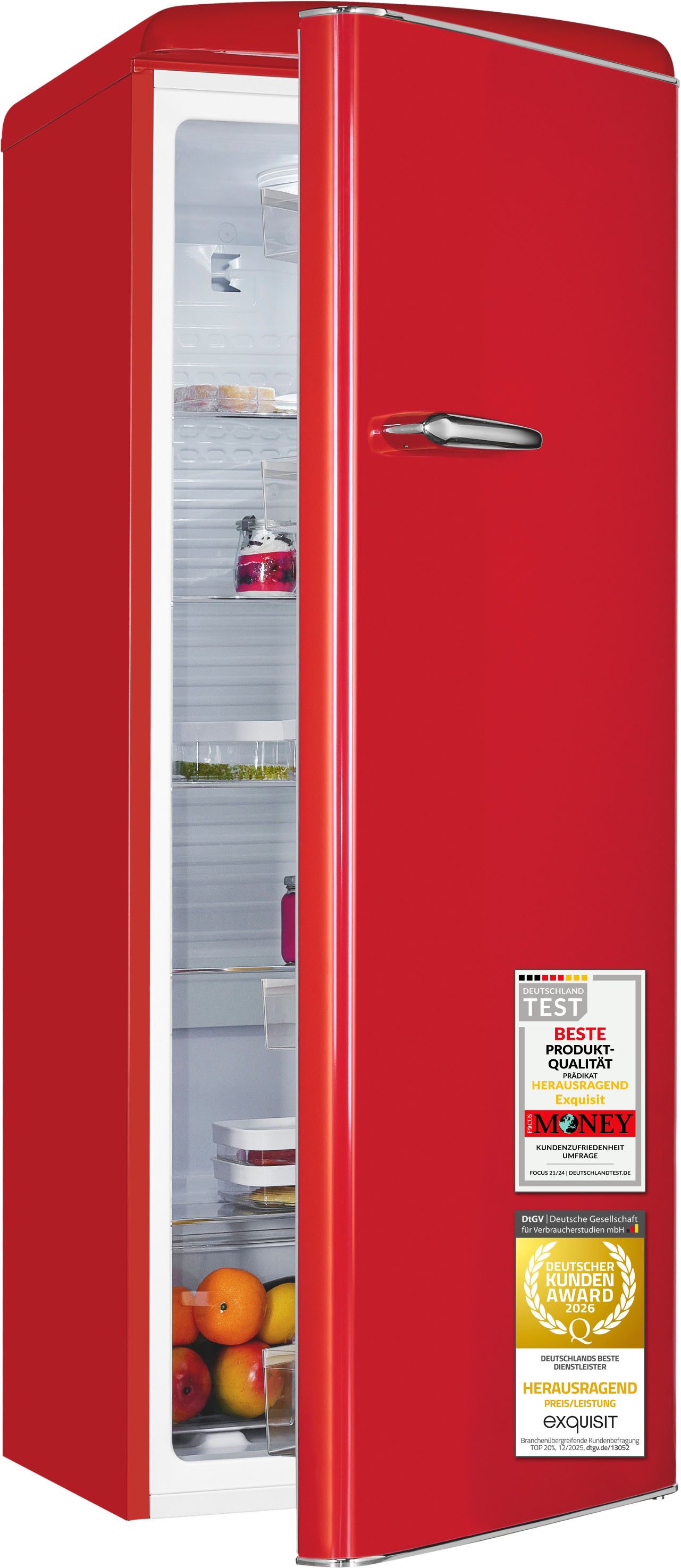 exquisit Kühlschrank RKS325-V-H-160C rot, 146,5 cm hoch, 54,5 cm breit, LED-Beleuchtung, verstellbare Glasböden, Retro-Design