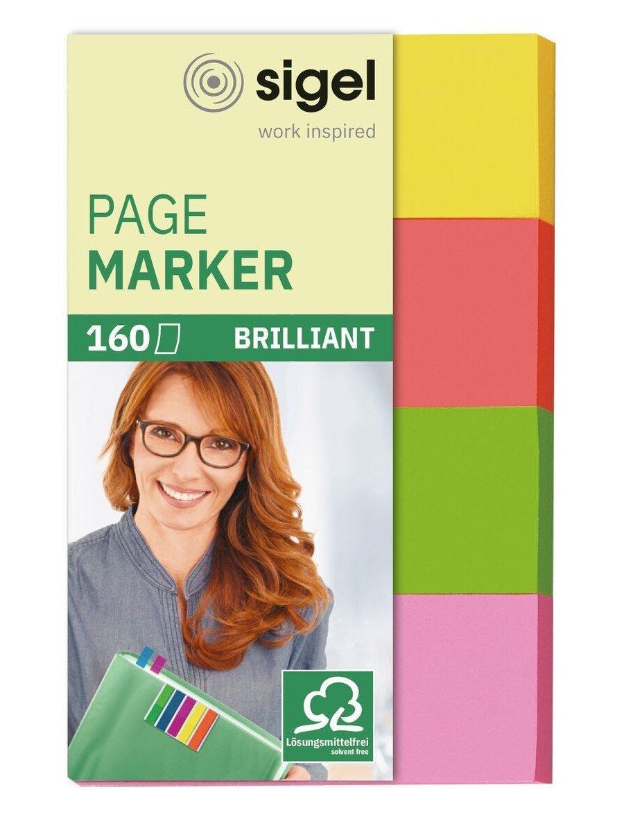 Sigel Haftnotizblock Haftmarker 160 Stück in vier leuchtenden Farben, beschriftbar und rückstandsfrei ablösbar