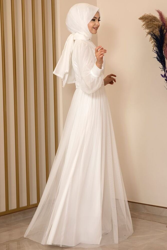 Kleid Damenkleid Ekru-Weiß Abiye Langärmliges Tüllkleid Abendkleid Hijab Abaya Maxikleid Modavitrini