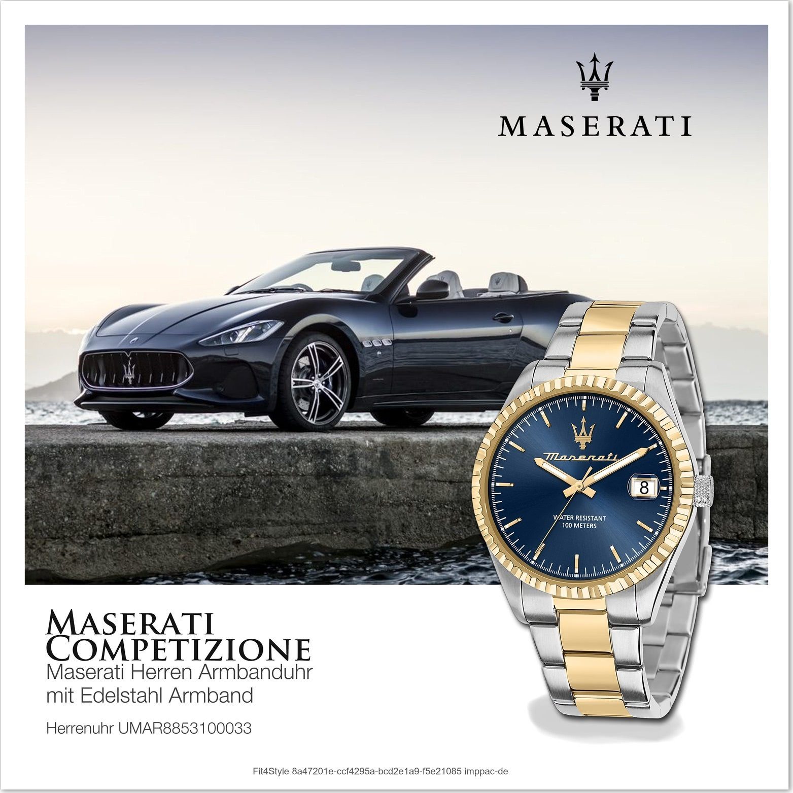 rundes 43mm) Gehäuse, groß MASERATI (ca. Quarzuhr Competizione, Herrenuhr Maserati Edelstahlarmband, blau Herrenuhr