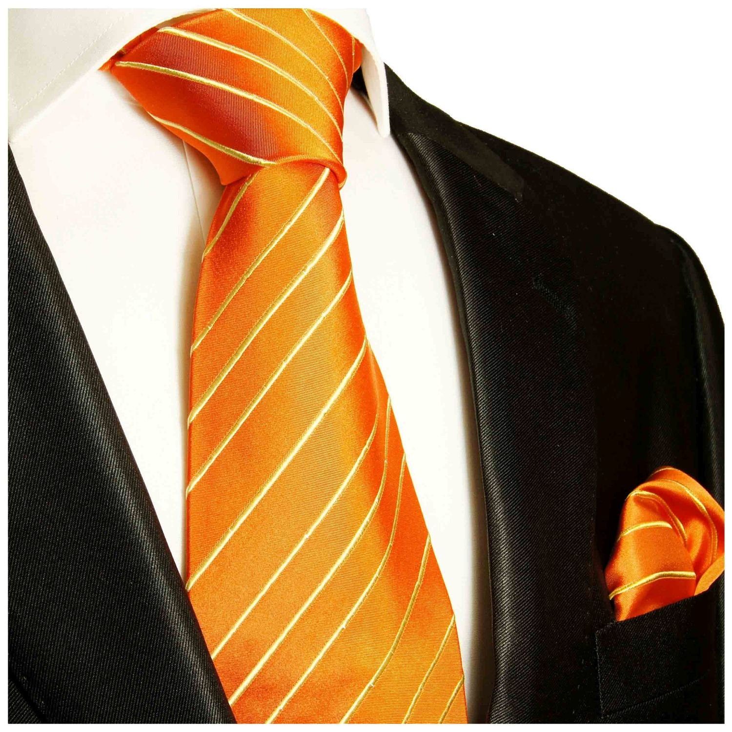 Paul Malone Krawatte Krawatte und modern Einstecktuch) (Set, (8cm), 100% Seide 884 gold 2-St., Breit mit orange gestreift Seidenkrawatte Tuch Herren