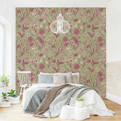 Bilderdepot24 Vliestapete Vintage Blumen Mint-Grün Rosa Pastell Landhausstil Modern Wanddeko, Glatt, Matt, (Inklusive Gratis-Kleister oder selbstklebend), Wohnzimmer Schlafzimmer Küche Flur Fototapete Motivtapete Wandtapete