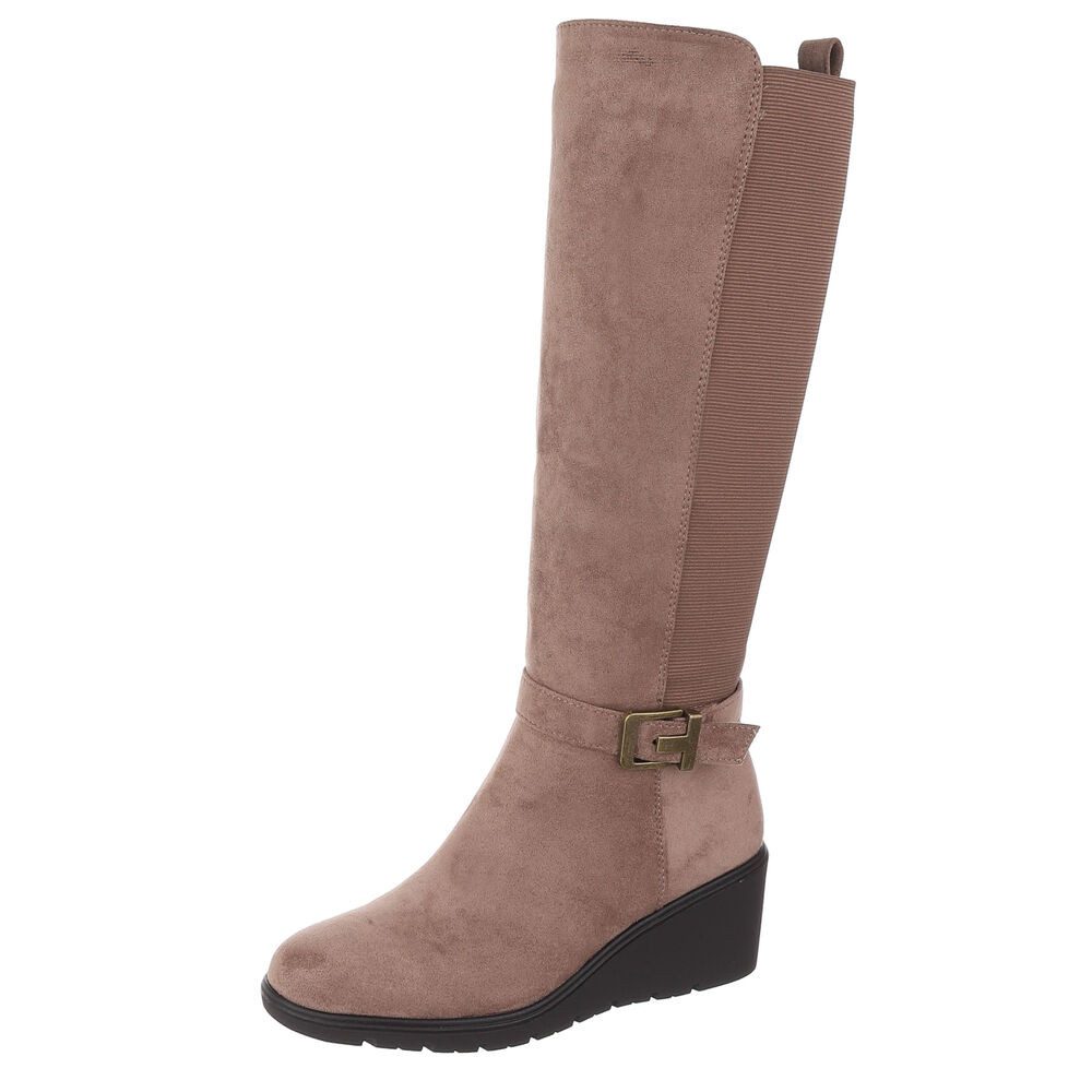 Ital-Design Damen kniehoher Stiefel mit Keilabsatz und Stretchband Keilstiefel (92125556) Keilabsatz/Wedge Stiefel in Hellbraun