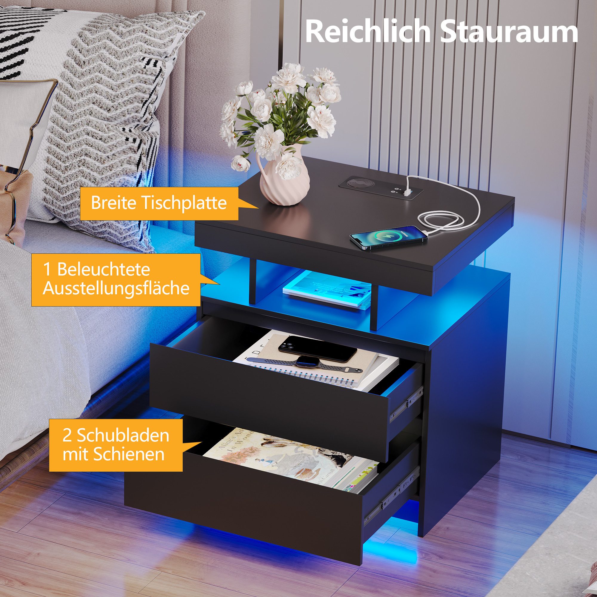 LVSOMT Nachttisch LED Nachttisch mit Ladestation, 3 Farben Licht und Steckdose, mit 2 Schubladen, aus hochwertigen MDF-Platten und leisen Schienen