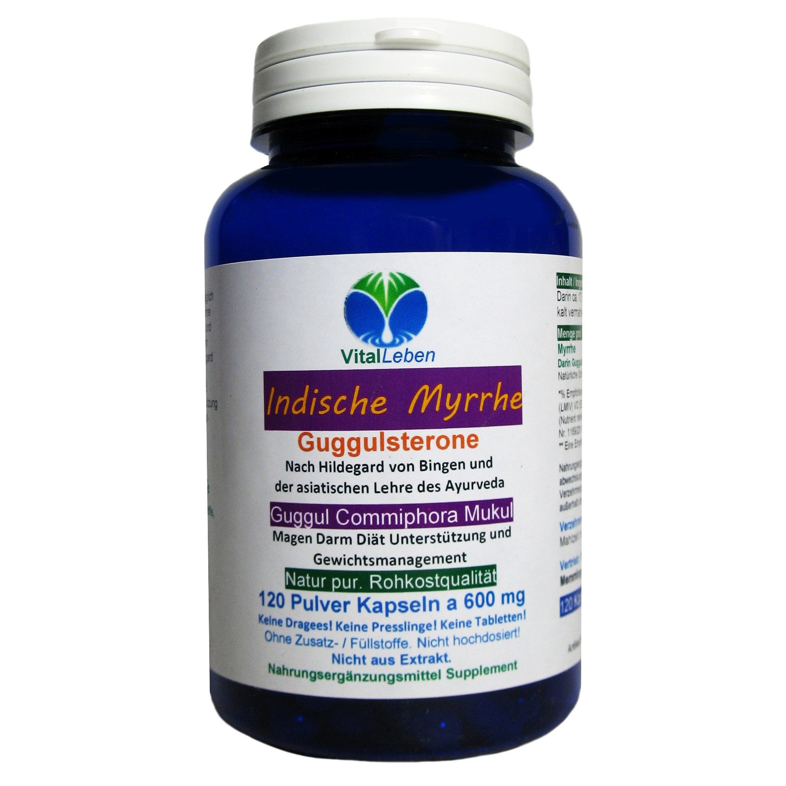 VitalLeben Guggul Indische Myrrhe reich an Guggulsteronen ohne Zusatzstoffe Kapseln, 1 er Dose à 120 St., 72 g, Art. 26810-120
