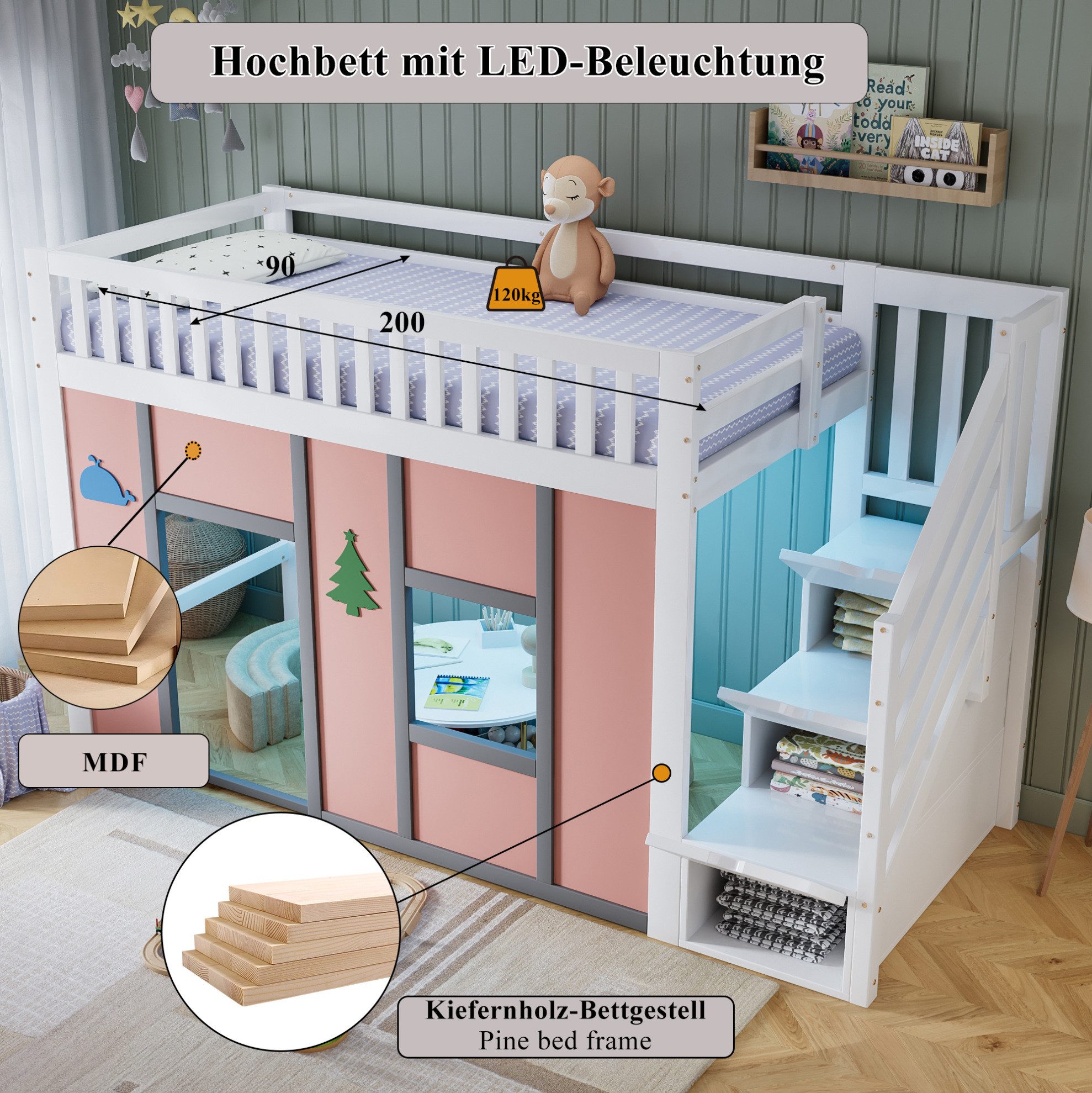 MODFU Hochbett Spielbett mit Stauraum-Treppe, Jugendbett Holzbett (Stauraumbett mit LED-Beleuchtung und Spielbereich 90x200 cm, Jugendbett Holzbett) Jugendbett Holzbett, ohne Matratze