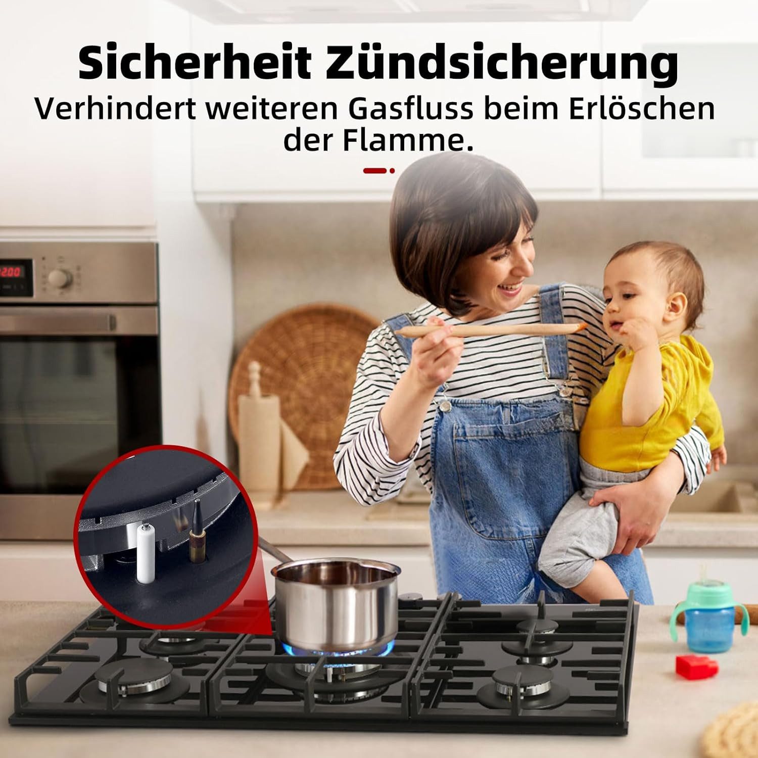 GASLAND Gas-Kochfeld GH2805BG1FC, 5-flammiges Gas-Kochfeld mit Wok, 76 cm, 10400 W, LPG/Erdgas, Schwarz