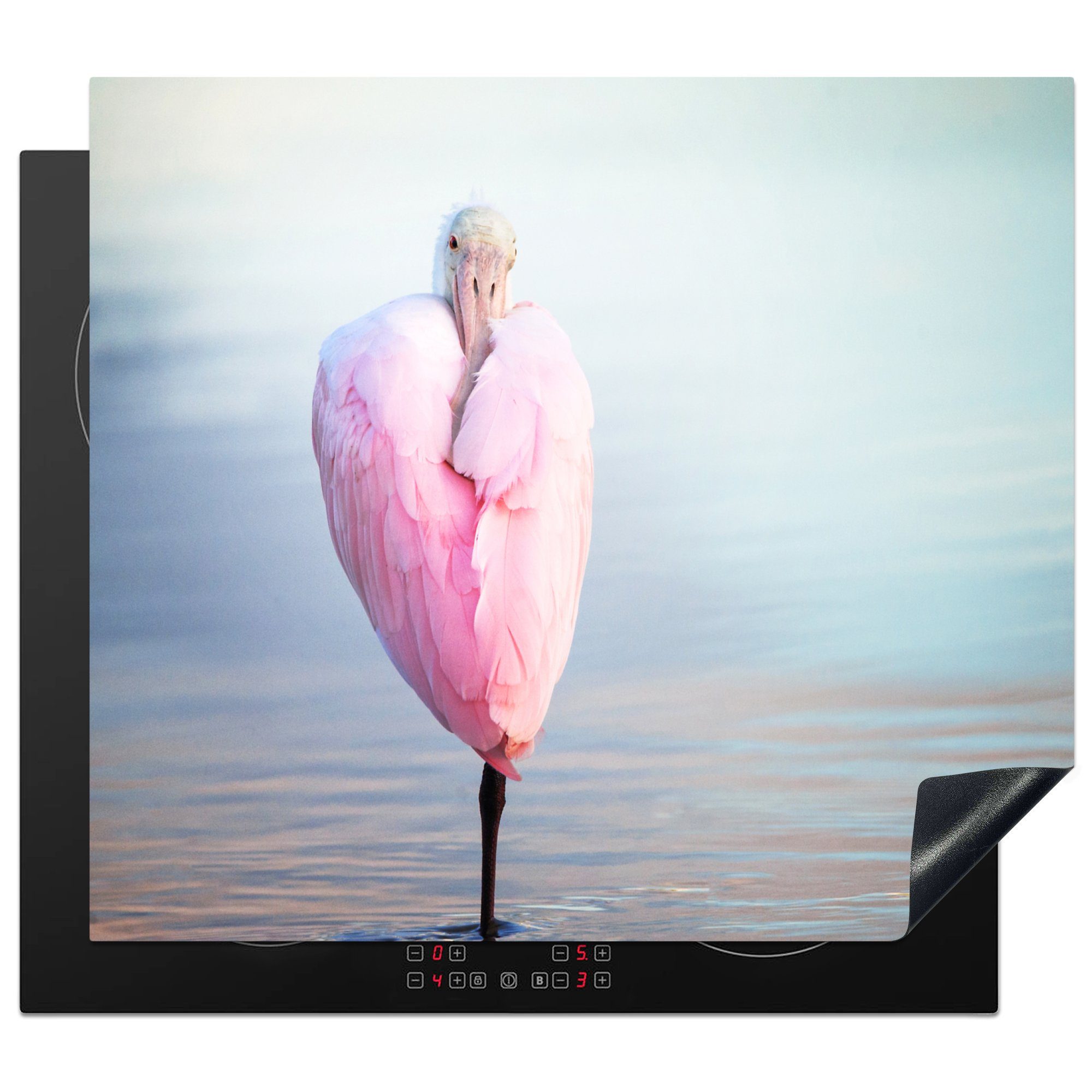 MuchoWow Herdblende-/Abdeckplatte Porträt eines rosa Löfflers mit geschlossenen Flügeln, Vinyl, (1 tlg), 60x52 cm, Mobile Arbeitsfläche nutzbar, Ceranfeldabdeckung