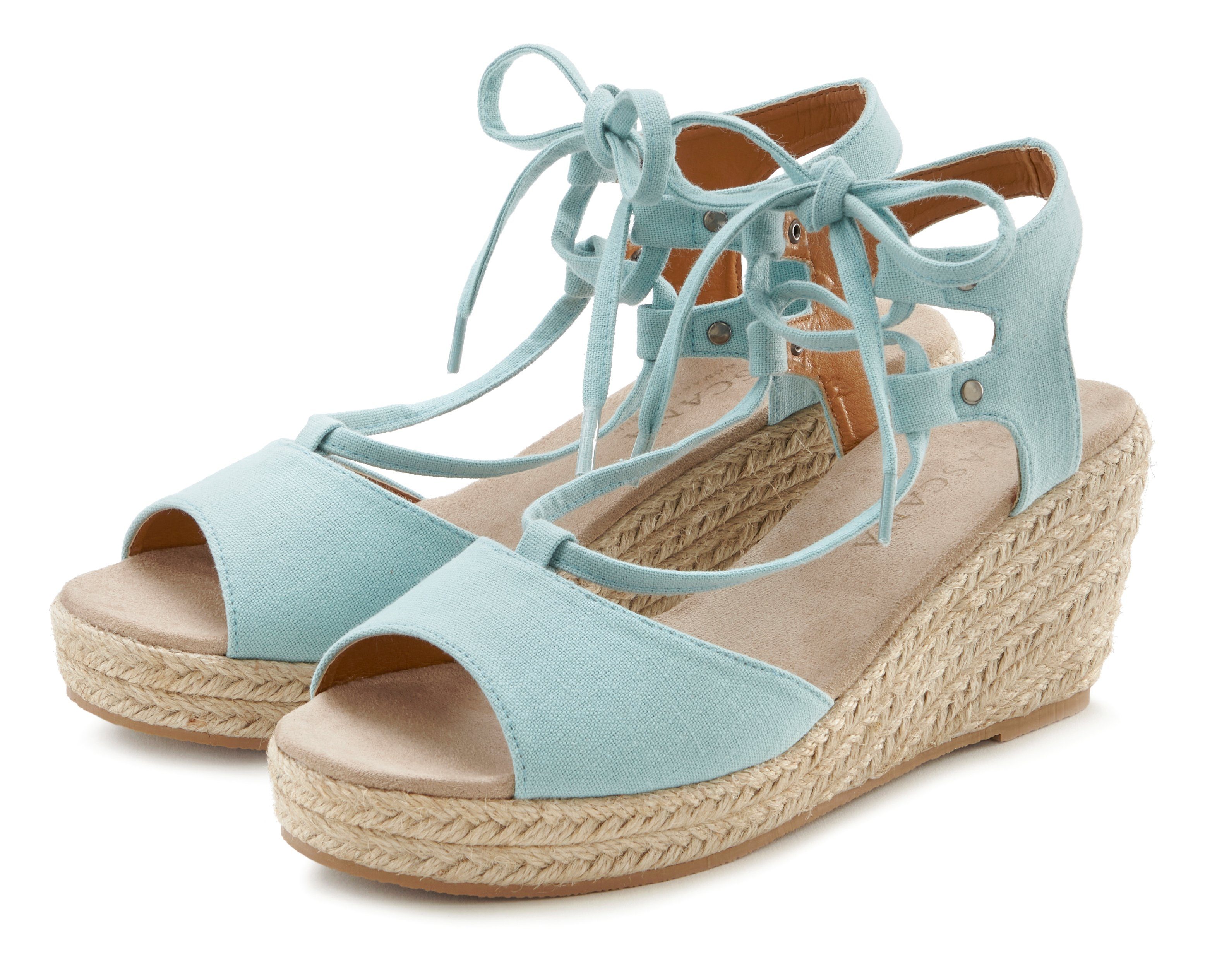 Keilabsatz, Sandale eisblau Bast-Optik LASCANA mit & Schnürung Keilsandalette VEGAN Sandalette,