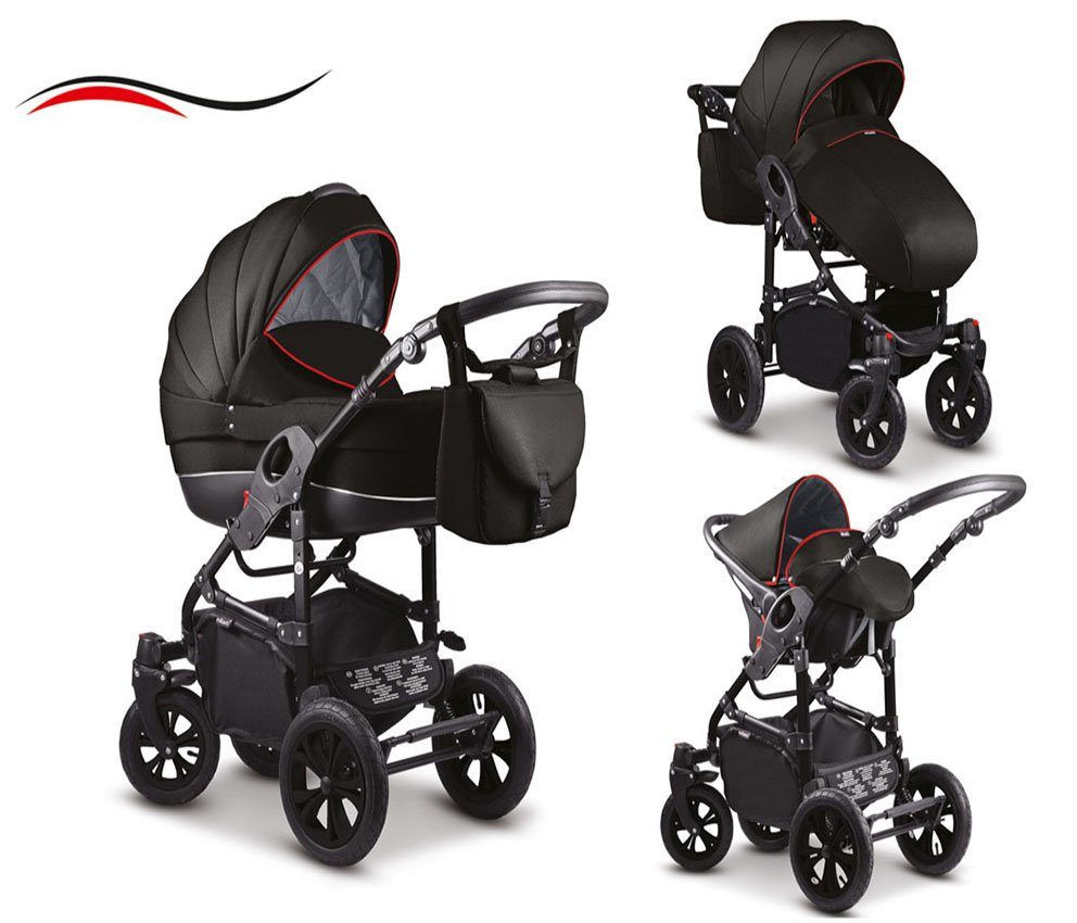 babies-on-wheels Kombi-Kinderwagen 3 in 1 Kinderwagen-Set Cosmo - 16 Teile - in 41 Farben Schwarz-Roter Streifen