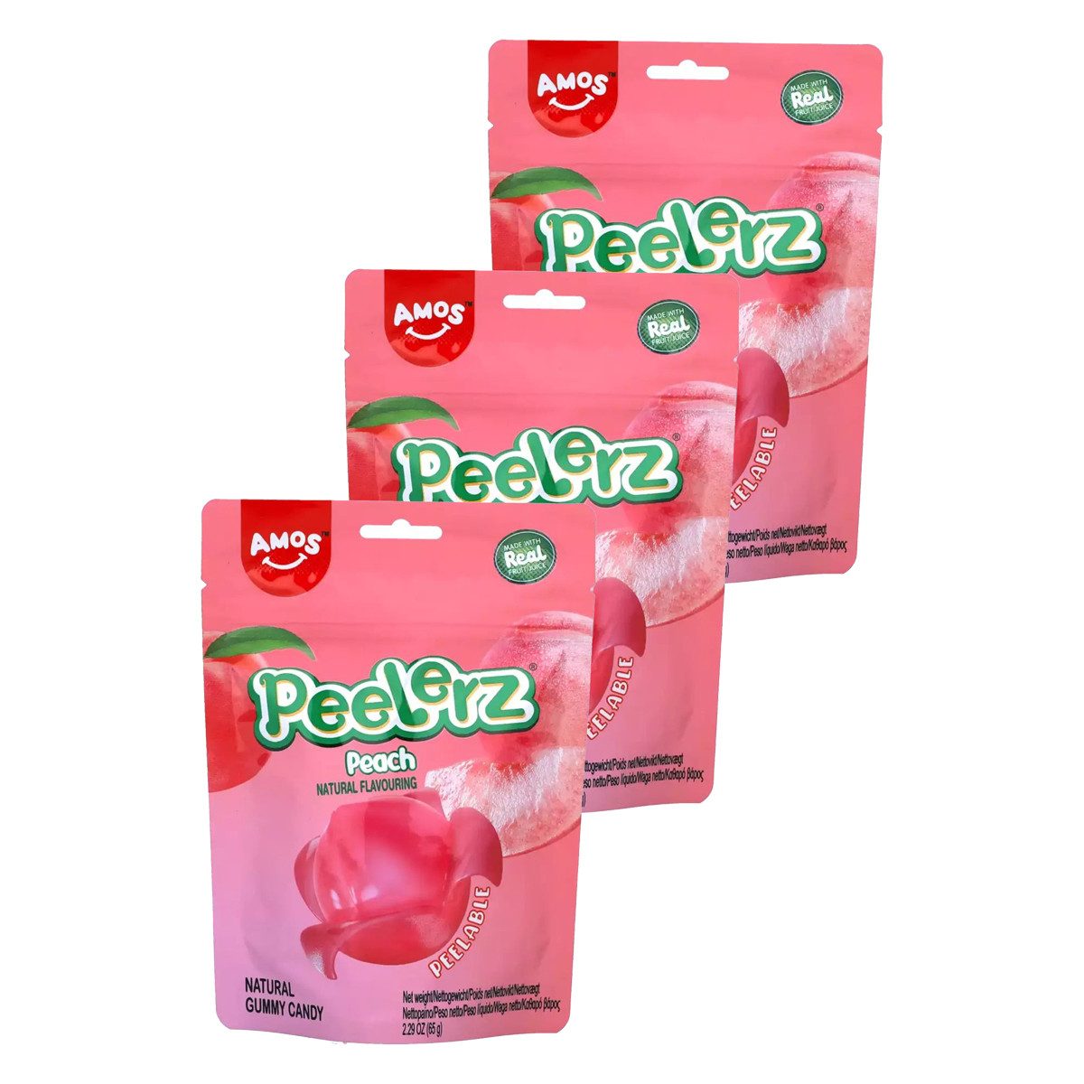 AMOS Süßigkeit, Amos Peelerz Gummies Pfirsich mit fruchtiger Füllung 65g 3er Pack