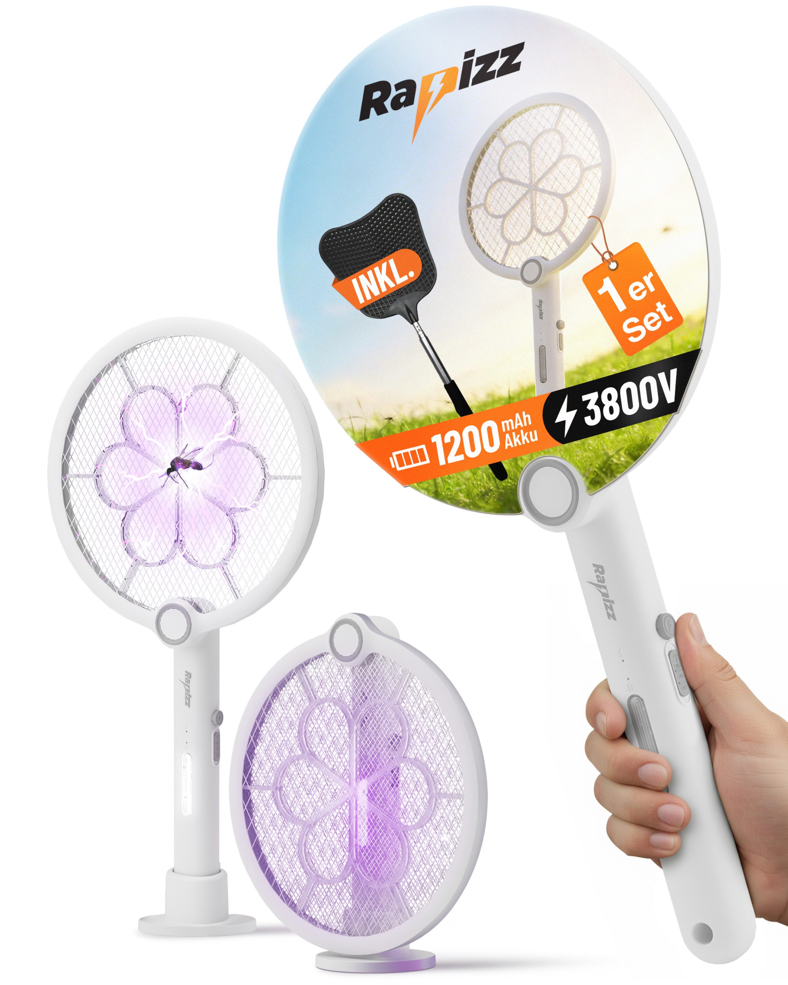 RAPIZZ Fliegenklatsche Elektrischer Insektenfänger - 2in1 Funktion - Mit Akku - Schwarz&Weiß, Gratis Fliegenklatsche - Inkl. USB-Ladekabel - Als Schläger & UV-Falle