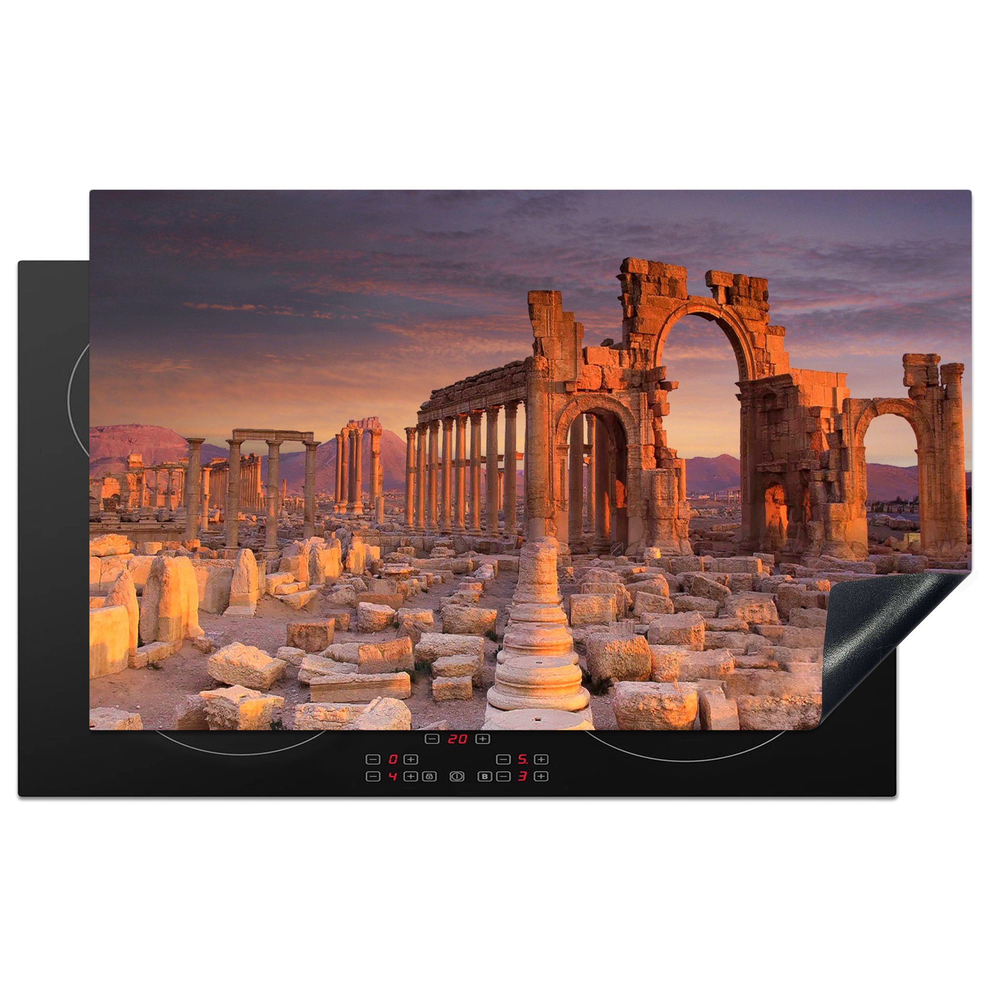 MuchoWow Herdblende-/Abdeckplatte Die Sonne beleuchtet die Ruinen von Palmyra, Vinyl, (1 tlg), 83x51 cm, Ceranfeldabdeckung, Arbeitsplatte für küche