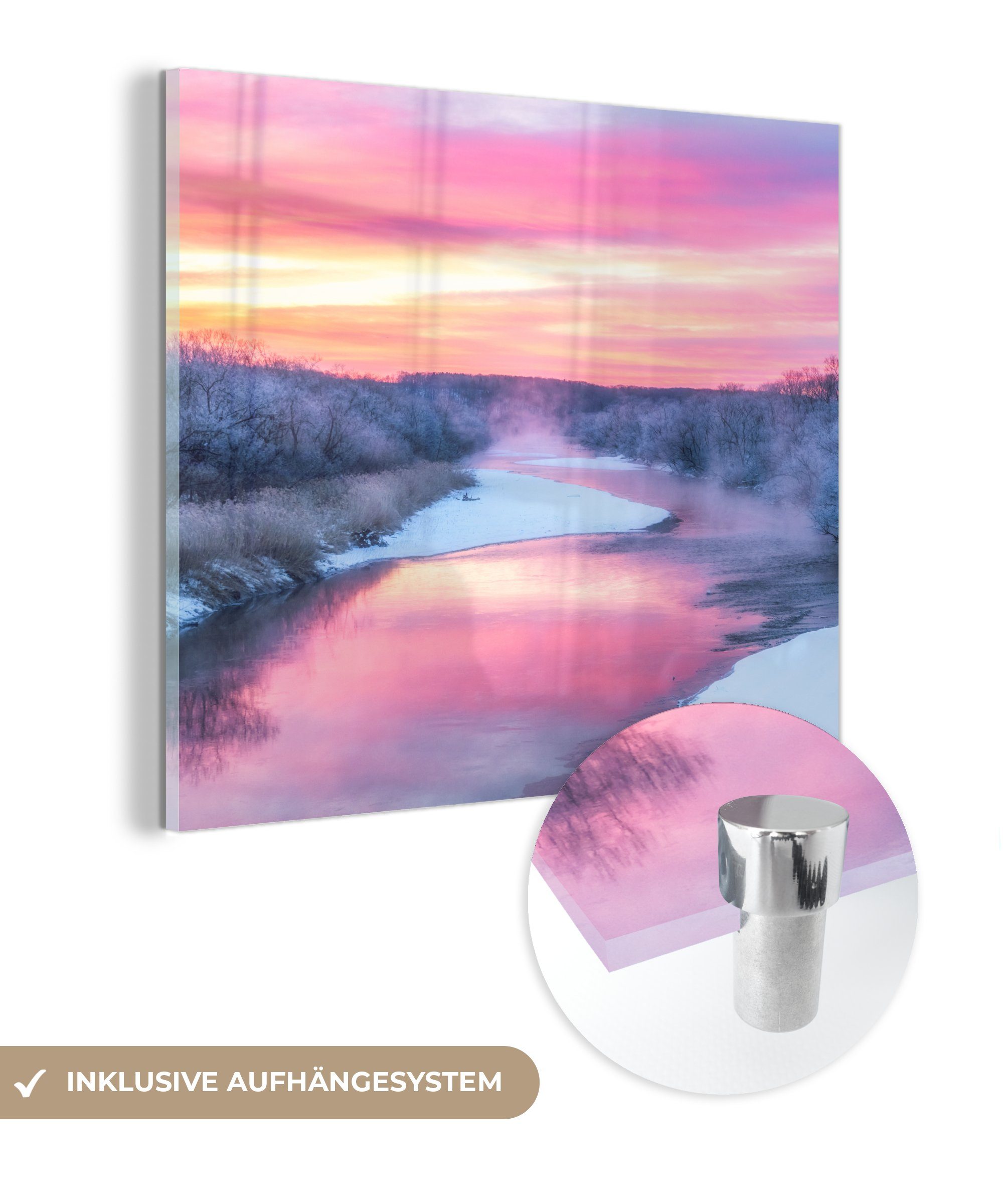 MuchoWow Acrylglasbild Bunter Himmel über einer ruhigen Winterlandschaft, (1 St), Glasbilder - Bilder auf Glas Wandbild - Foto auf Glas - Wanddekoration