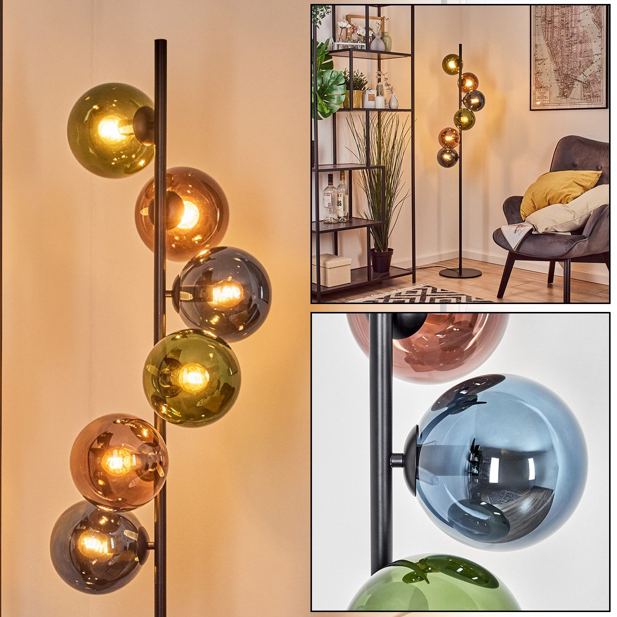 hofstein Stehlampe Stehlampe aus Metall/Glas in Schwarz/Blau/Grün/Kupfer, ohne Leuchtmittel, Stehleuchte im Retro/Vintage-Design mit Fußschalter, 160 cm, E14