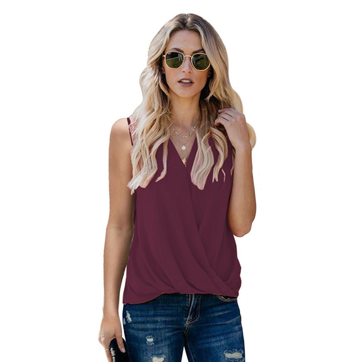 DEBAIJIA Longweste DEBAIJIA Damen Tank Top Ärmellose Lose Weste Lässige Racerback Sommer Volltonfarbe - Burgund