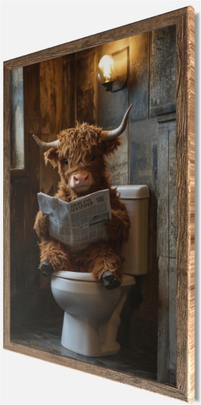 Bönninghoff Bild mit Rahmen Wandbild gerahmt HIGHLAND NEWS 50x70 cm – Lustiges Hochlandrind Bad, Hochlandrind, Humor, Tiere (1 St), mit dekorativem Rahmen