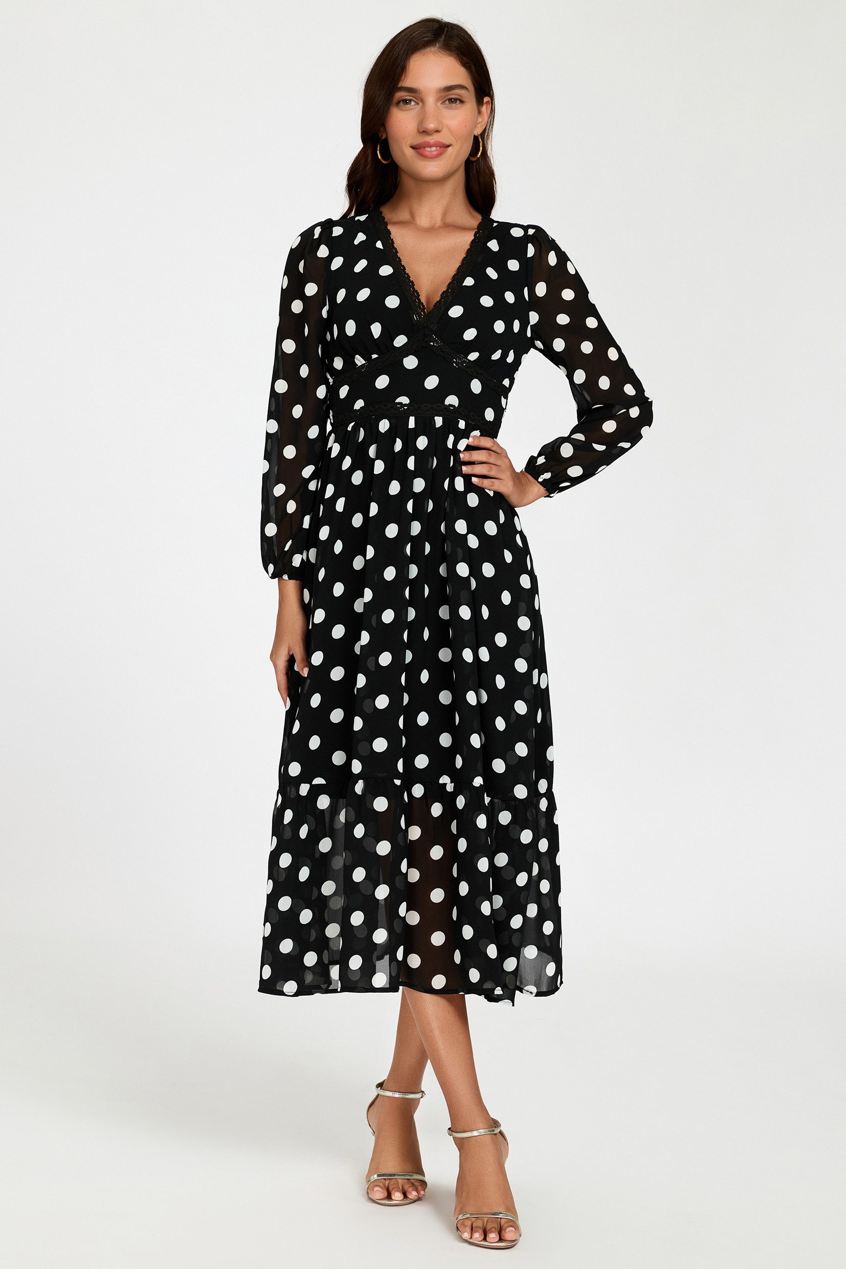 FS Collection Midikleid Damen Midikleid mit Spitzenbesatz, V-Ausschnitt und langen Ärmeln (XS (EU:36 / UK:8) · S (EU:38 / UK:10) · M (EU:40 / UK:12) · L (EU:42 / UK:14) · XL (EU:44 / UK:16) · XXL (EU:46 / UK:18, 2 Farben: Blau und Schwarz) leicht, weich, fließend & formstabil