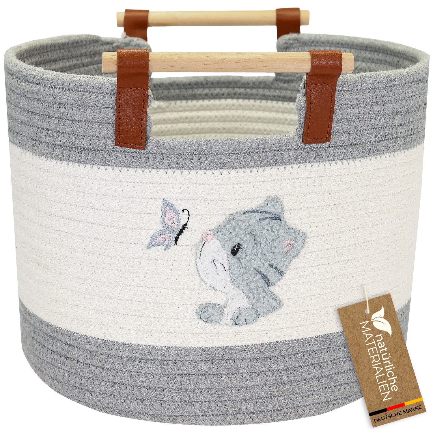 HMF Aufbewahrungskorb Aufbewahrungskorb mit Holzgriffen, runder Korb, Baumwolle für Kinderzimmer oder Babyzimmer, Katze, 30 x 30 x 24 cm