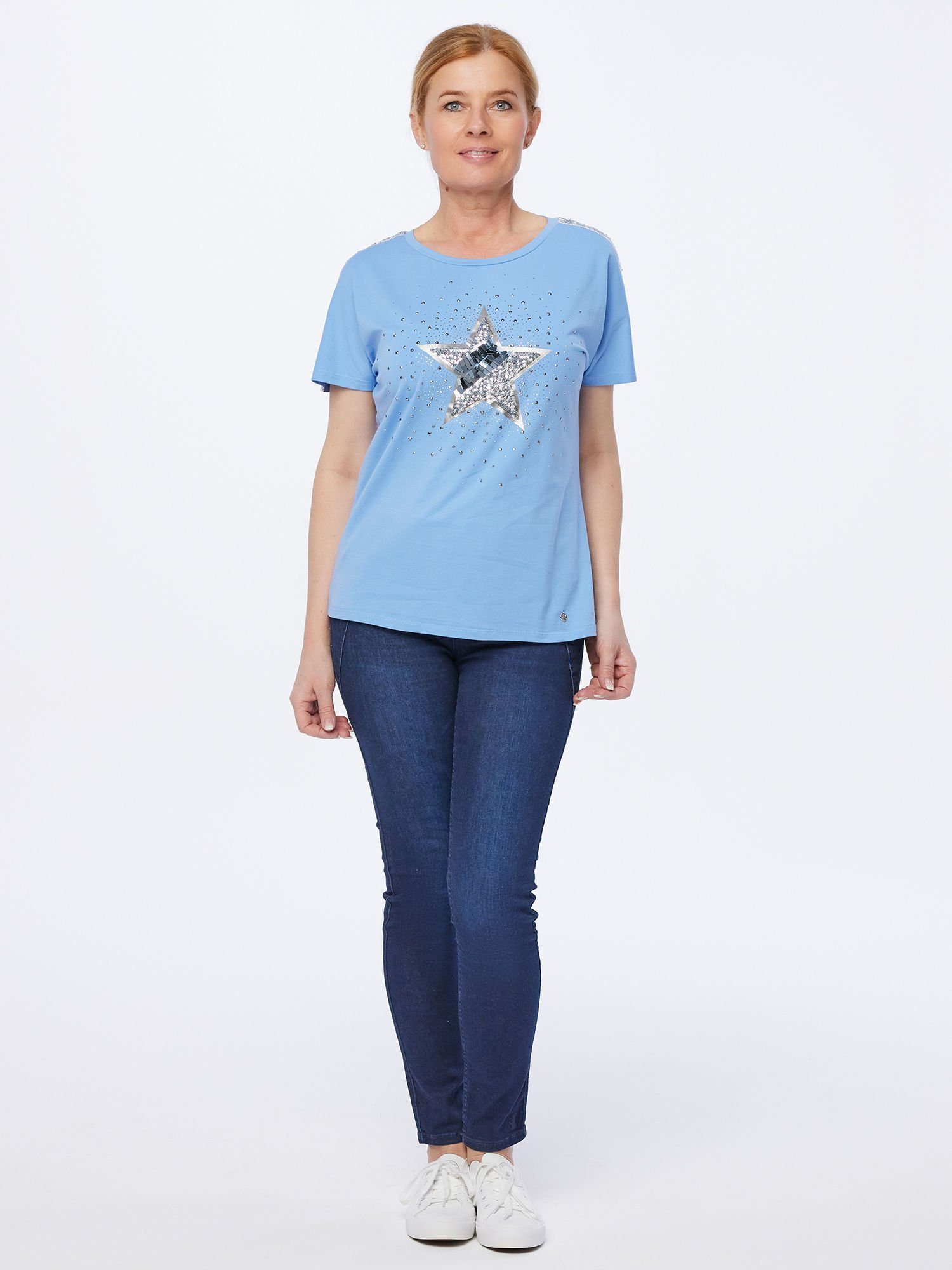 T-Shirt blau mit Christian Kurzarmbluse Stern-Motiv Materne