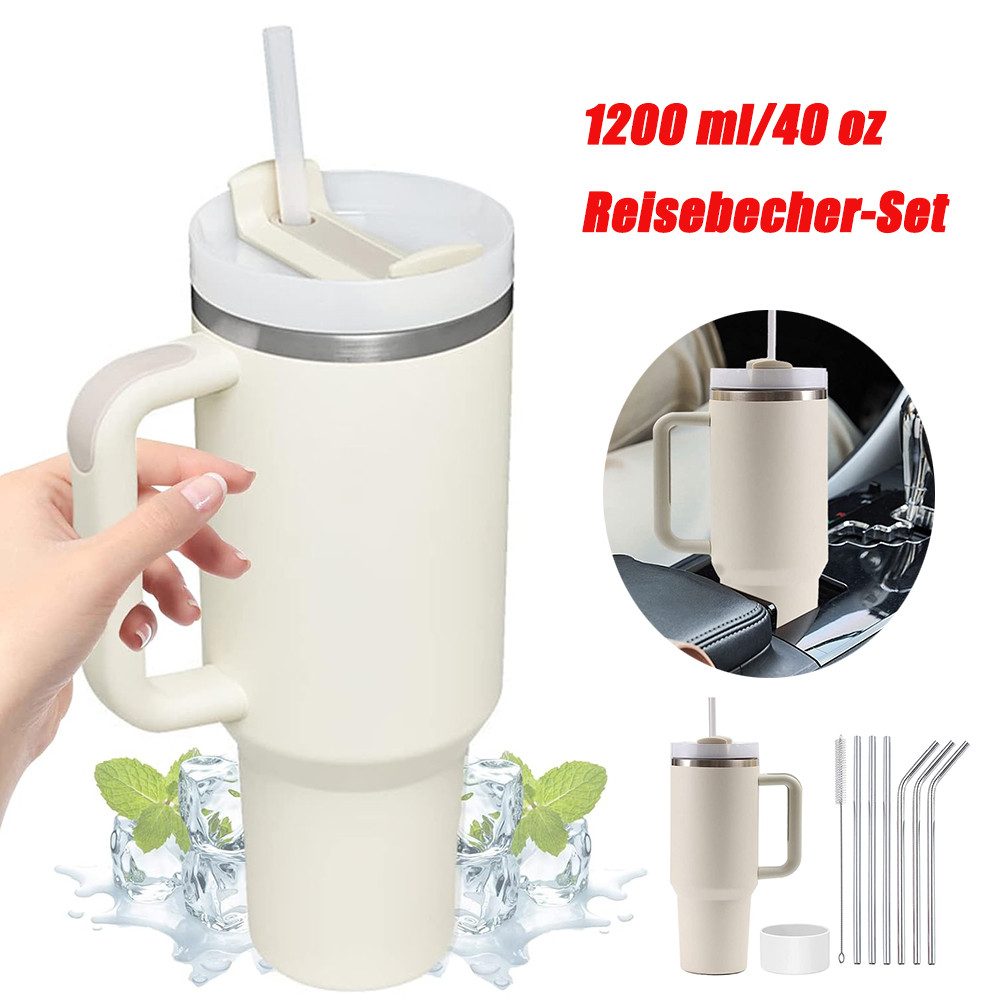 Thermobecher da 40 once con Griff und Stroh, Auslaufsicher Kaffeebecher da 1200 ml to Go Doppelwandiger Edelstahl Vakuum Isolierbecher, Tragbare Autobecher Becher Tumbler für Heißer und Kalter Latt