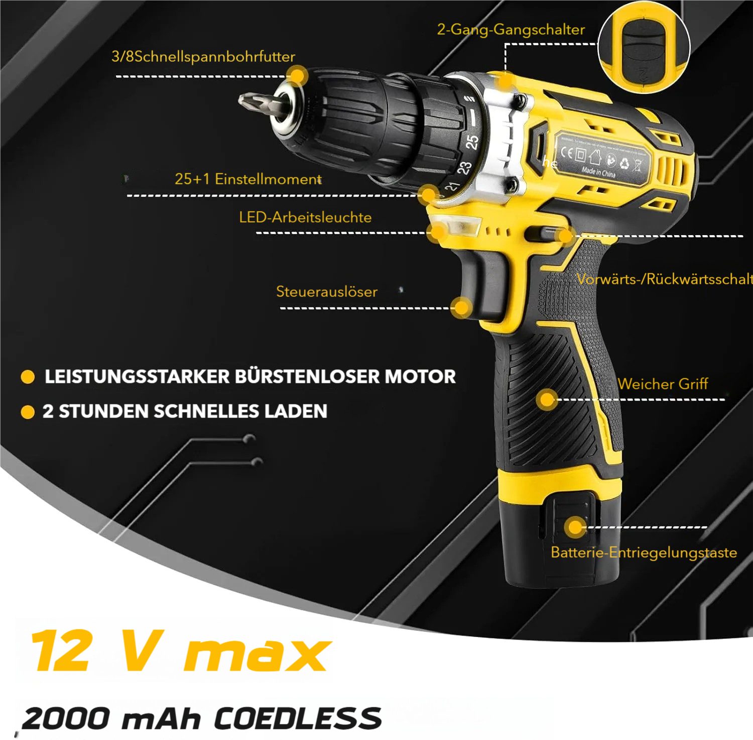 TLGREEN Akku-Bohrschrauber,12V Akkuschrauber Set,Akkubohrer mit 138PCS Werkzeugkoffer, max. 1500 U/min, (Set, 25+1 Drehmomentstufen + 2-Gang-Getriebe, LED Licht), für Holz, Metall & Heimwerkerprojekte