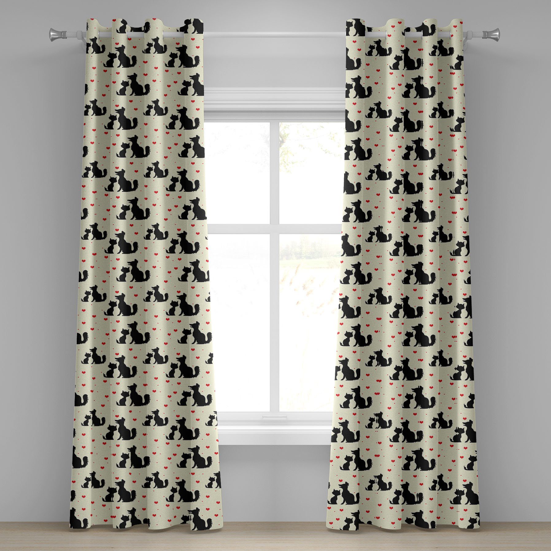 Gardine Dekorative 2-Panel-Fenstervorhänge für Schlafzimmer Wohnzimmer, Abakuhaus, Rot und Schwarz Hund Katze Haustier Liebe