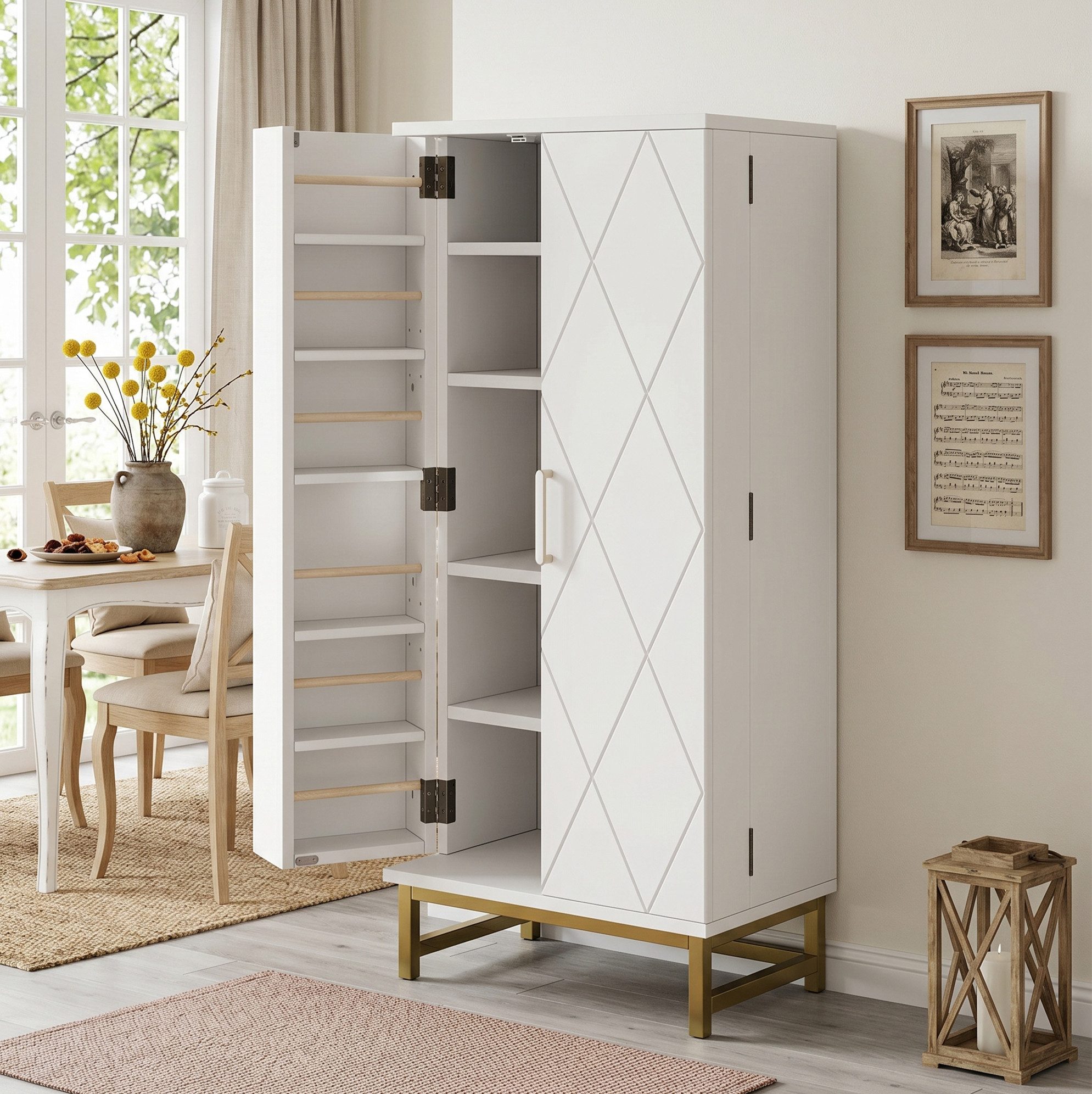 OKWISH Mehrzweckschrank Kompakter Vorratsschrank mit verstellbaren Böden & Türfächern (Packung, 1-St., Weiß+Gold, für Küche & Esszimmer) 60×40×130 cm, viel Stauraum, flexibel