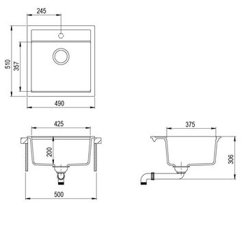 GURARI Küchenspüle SQT 100-601 W+RM-2845, (2 St), Einbau Granitspüle Schwarz, inkl. Siphon+Aufrollbare Abtropfmatte