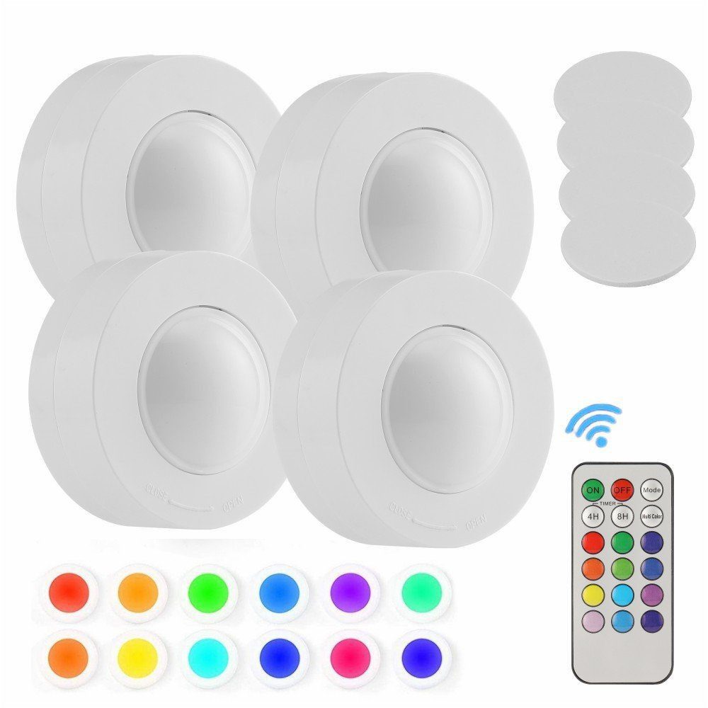 OULENBIYAR Nachtlicht Unterbauleuchten, 4 RGBW Kabellose Schrankbeleuchtung RGBW 12 Farben, LED fest integriert, Tageslichtweiß, Bunt, LED Nachtlicht mit Fernbedienung und Timing-Funktion